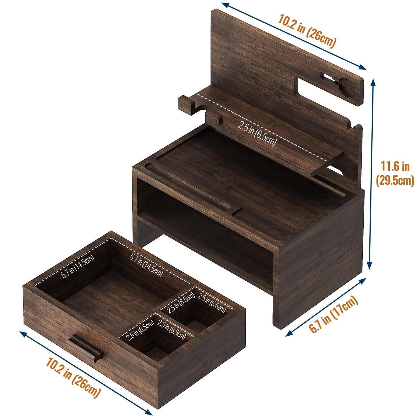 NiHome Wooden Nightstand Organizer for Men, Solid Wood Charging Dock for Smartphone, Smartwatch, Tablet, Wallet, Keys, Glasses, Accessories, Easy Assembly Stylish Design for Classic & Modern Interiors