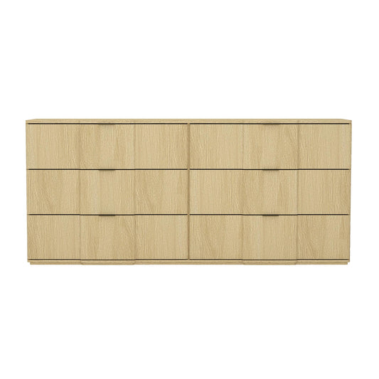 Manhattan Comfort Clive 72” Modern 6 Drawer Dresser, Wide Chest of Drawers with Sculpted Fluted Front & Accent Recessed Handles, Doubles as 70” TV Stand, Natural Oak and Gold
