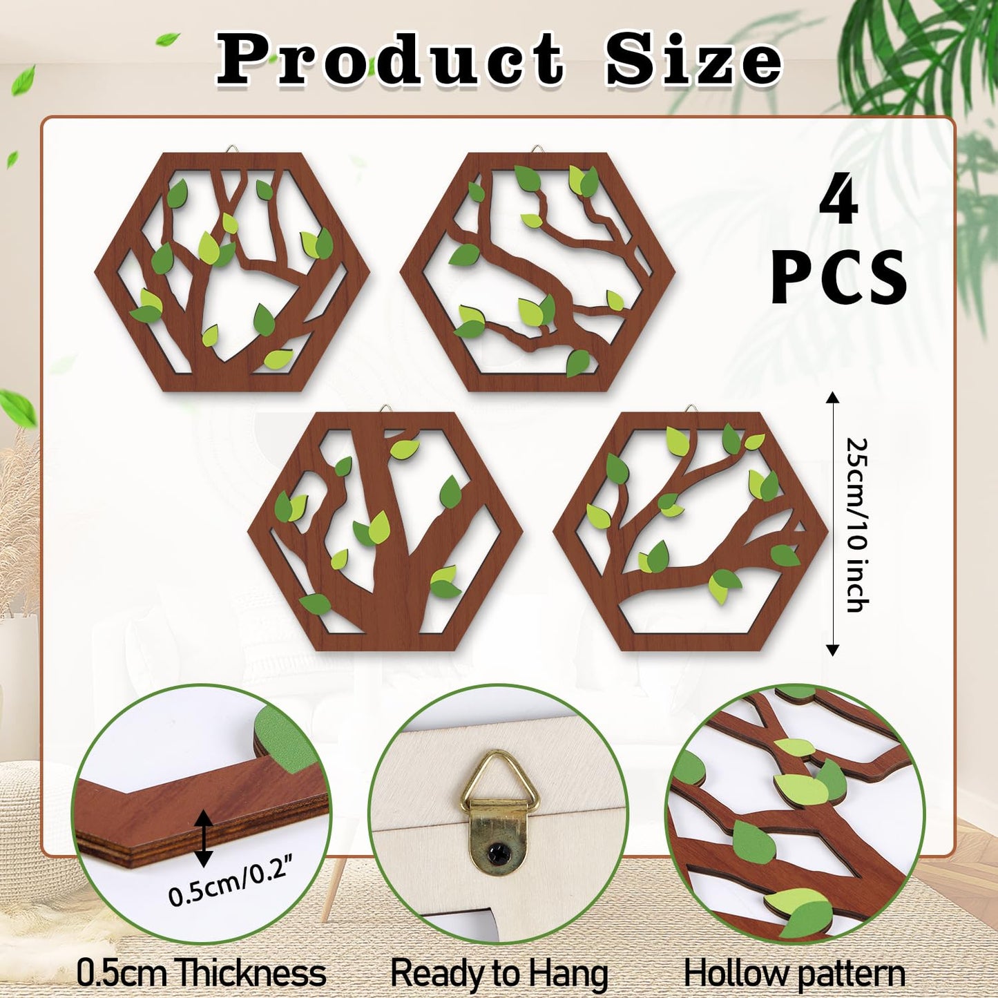 HOURIA 4 Pcs Wooden Tree of Life Wall Art, Rustic Green Leaves Hollow Brown Wall Hanging Decor for Living Room,8"*10"Abstract Modern Family Tree Wood Wall Sculpture for Farmhouse Bedroom Nursery