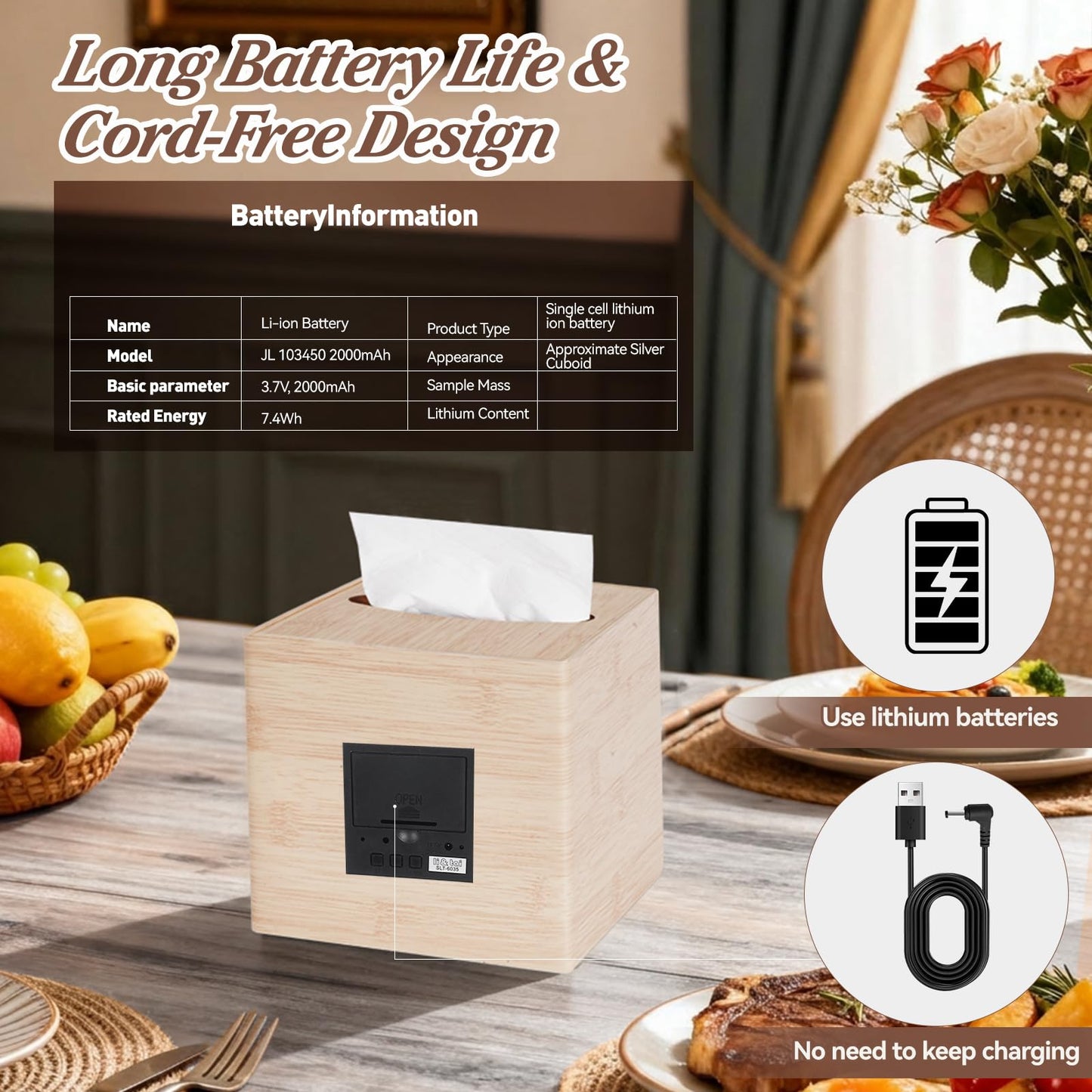 ANHUXINLEI Wooden Tissue Box Cover - Digital Square Holder with Dimmable Alarm Clock, Temperature and Date Display - Cordless Home Decor for Office Desk, Nightstand and Bedroom Organization