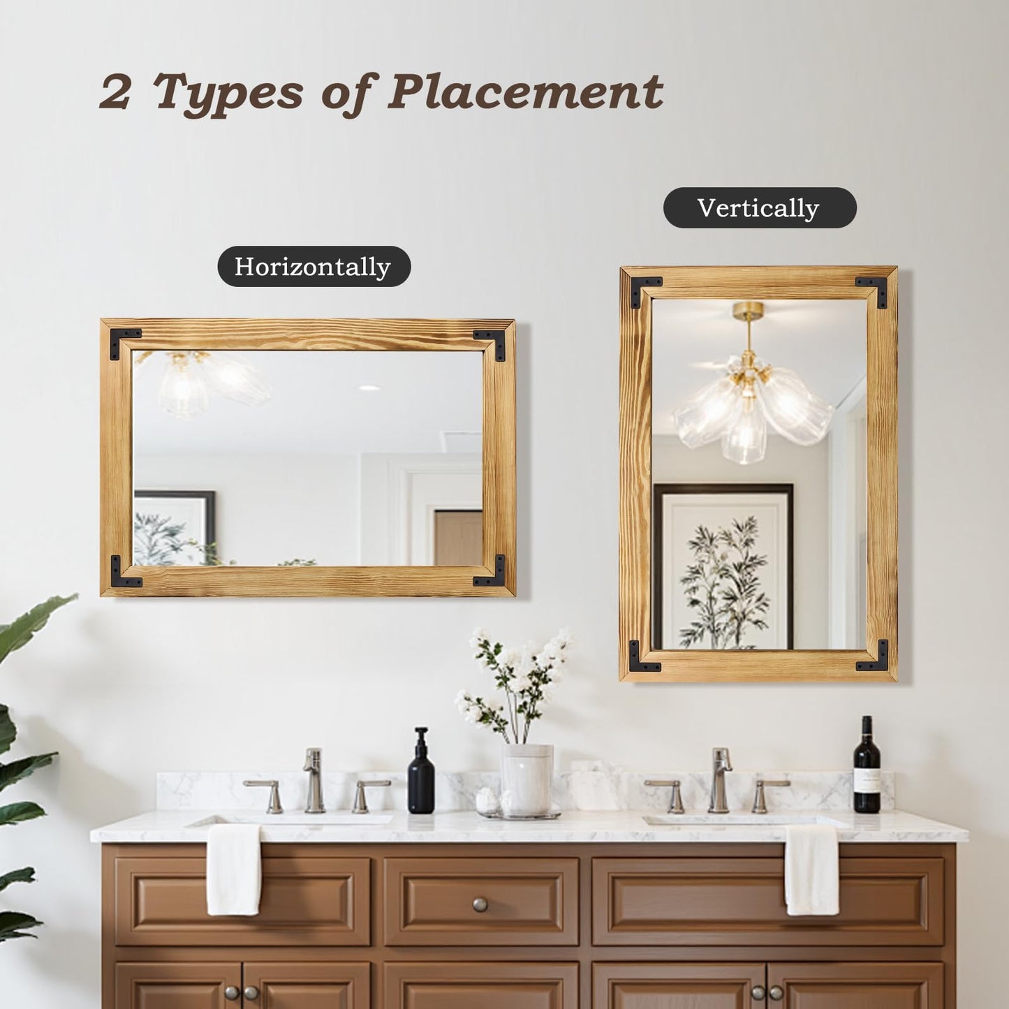YNCLCS 36"×24" Rustic Wood Frame Mirror for Wall, Natural Bathroom Wooden Vanity Mirror, Solid Wood Frame, Vertical or Horizontal Hanging, Suit for Farmhouse, Living Room, Bedroom (Light Brown)