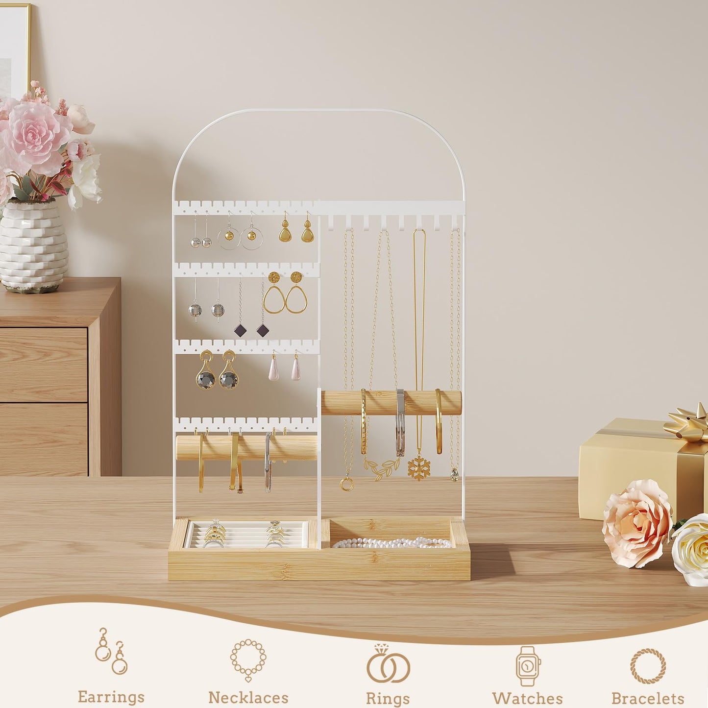 BMOSU Jewelry Organizer Stand with Velvet Ring Holder 2 Bracelet Holder Display 4 Tier Jewelry Rack with 8 Necklace Hooks and 48 Earring Holes Organizer Storage Wooden Box White