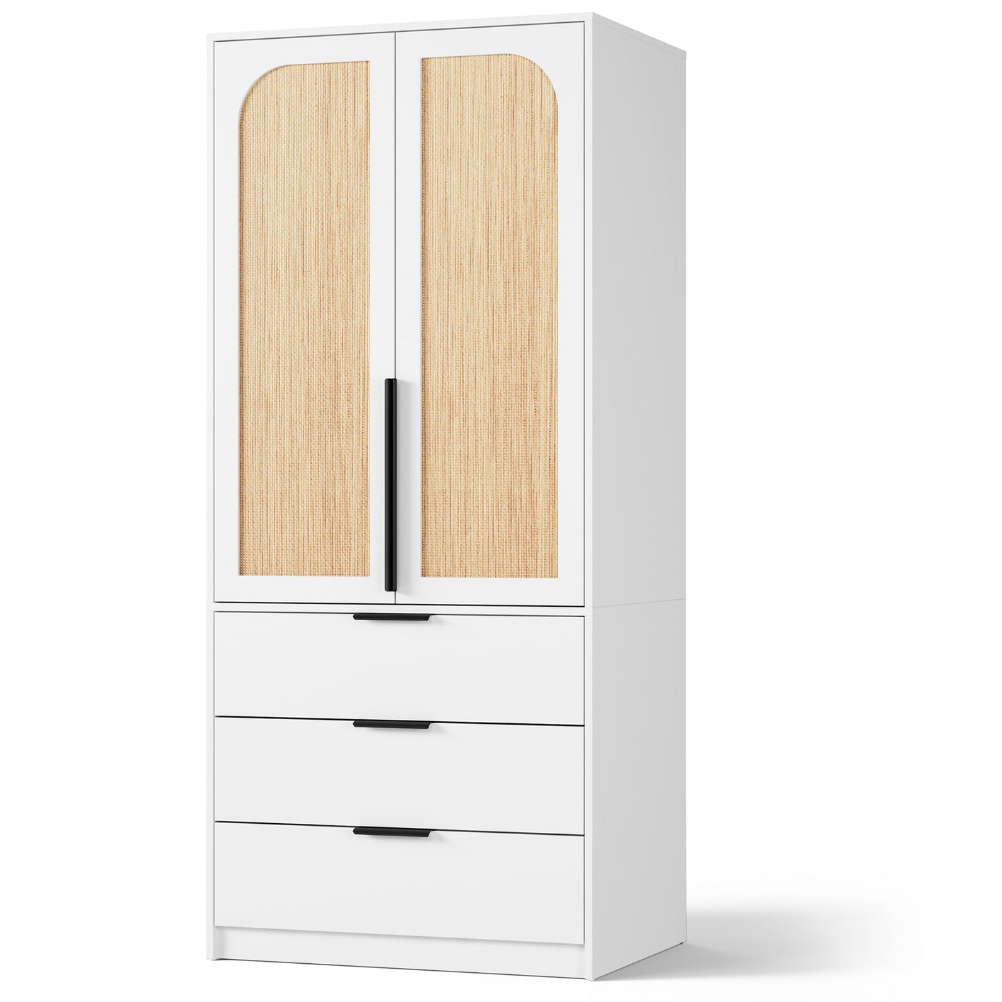 GarveeHome Armoire Wardrobe Closet, 69.5 in Wooden Wardrobe Cabinet with 3 Drawers, Hanging Rod, 2 Doors Clothing Storage Cabinet for Bedroom, Large Capacity Storage, Rattan Door, White