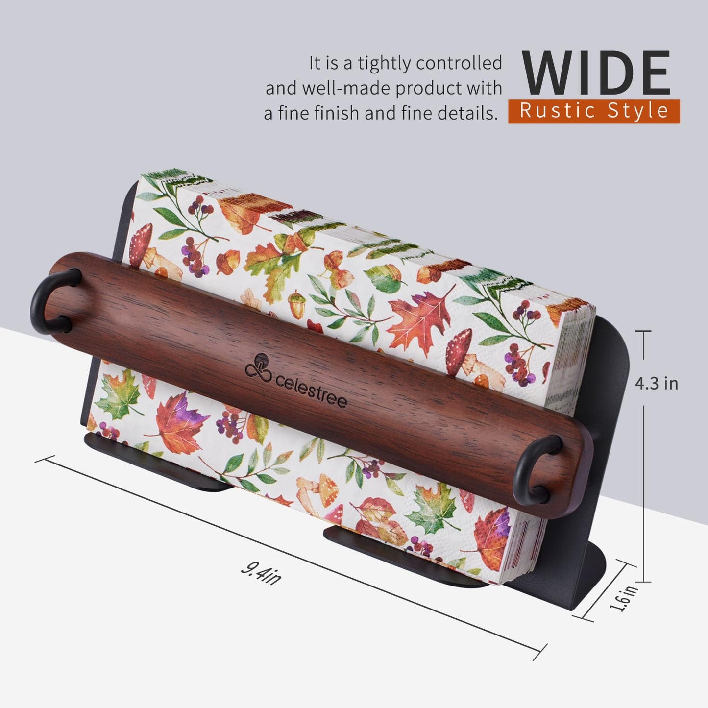 Celestree Napkin Holder for Table - Guest Towel Holder Tray for Bathroom Rectangular Wood and Iron Tray with Weighted Arm, Windproof Organizer for Kitchen Dining Table