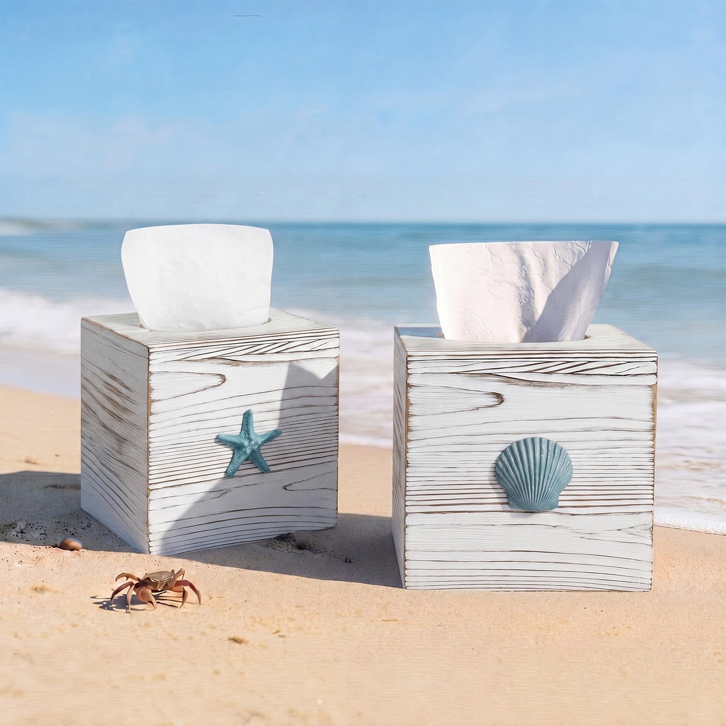 Thyle 2 Pcs Coastal Tissue Box Cover, Wooden Beach Square Tissue Box Holder Closure Starfish Shell Decorations Farmhouse Cube Napkin Holder for Coastal Bathroom Home Accessories Living Room Bedroom