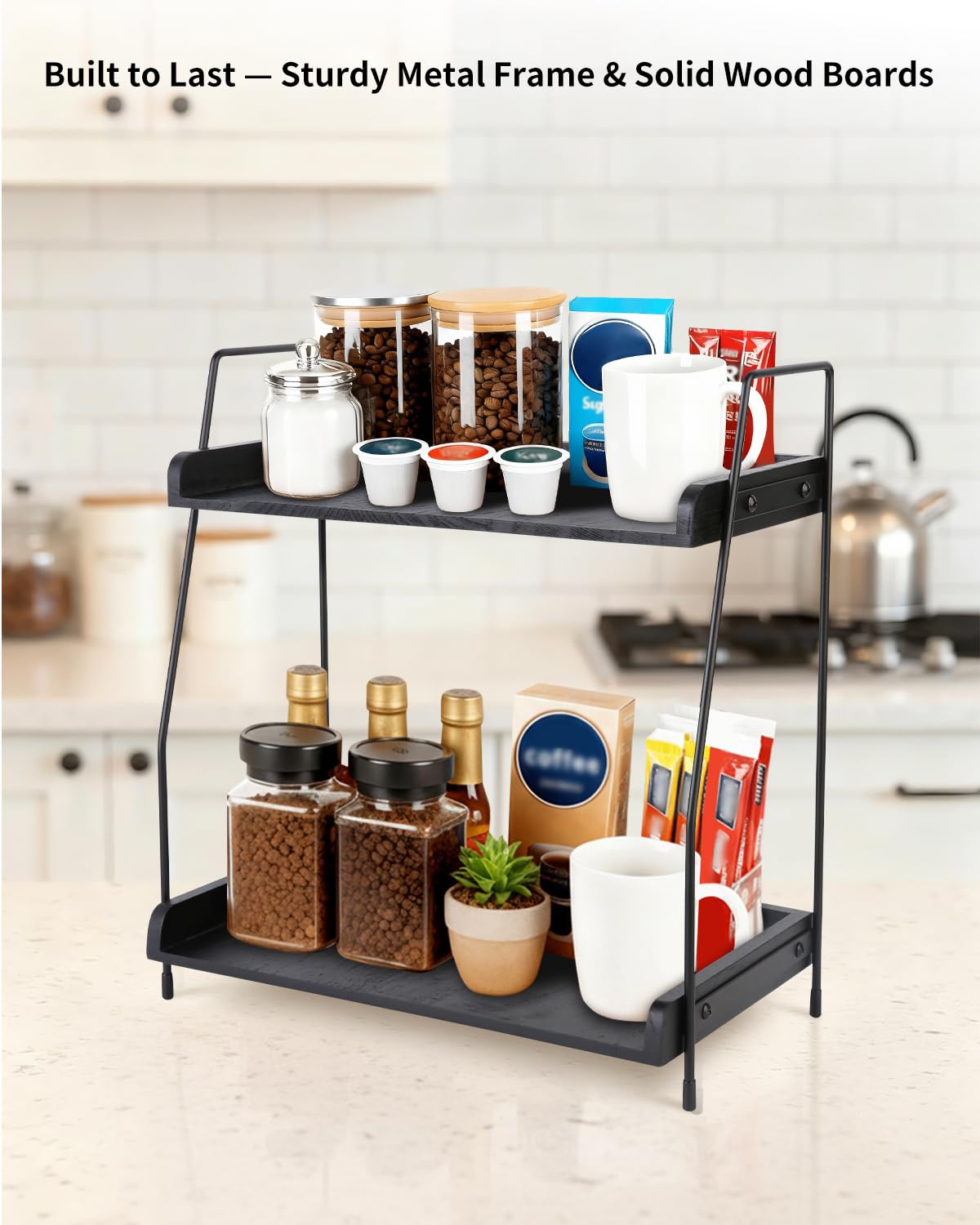 seashpea Coffee Bar Organizer for Countertop, 2-Tier Coffee Station Organizer with Metal Frame & Wooden Shelves, Coffee Accessories Organizer Rack for Pods, Syrups, Cups & Tea Bags (Black)