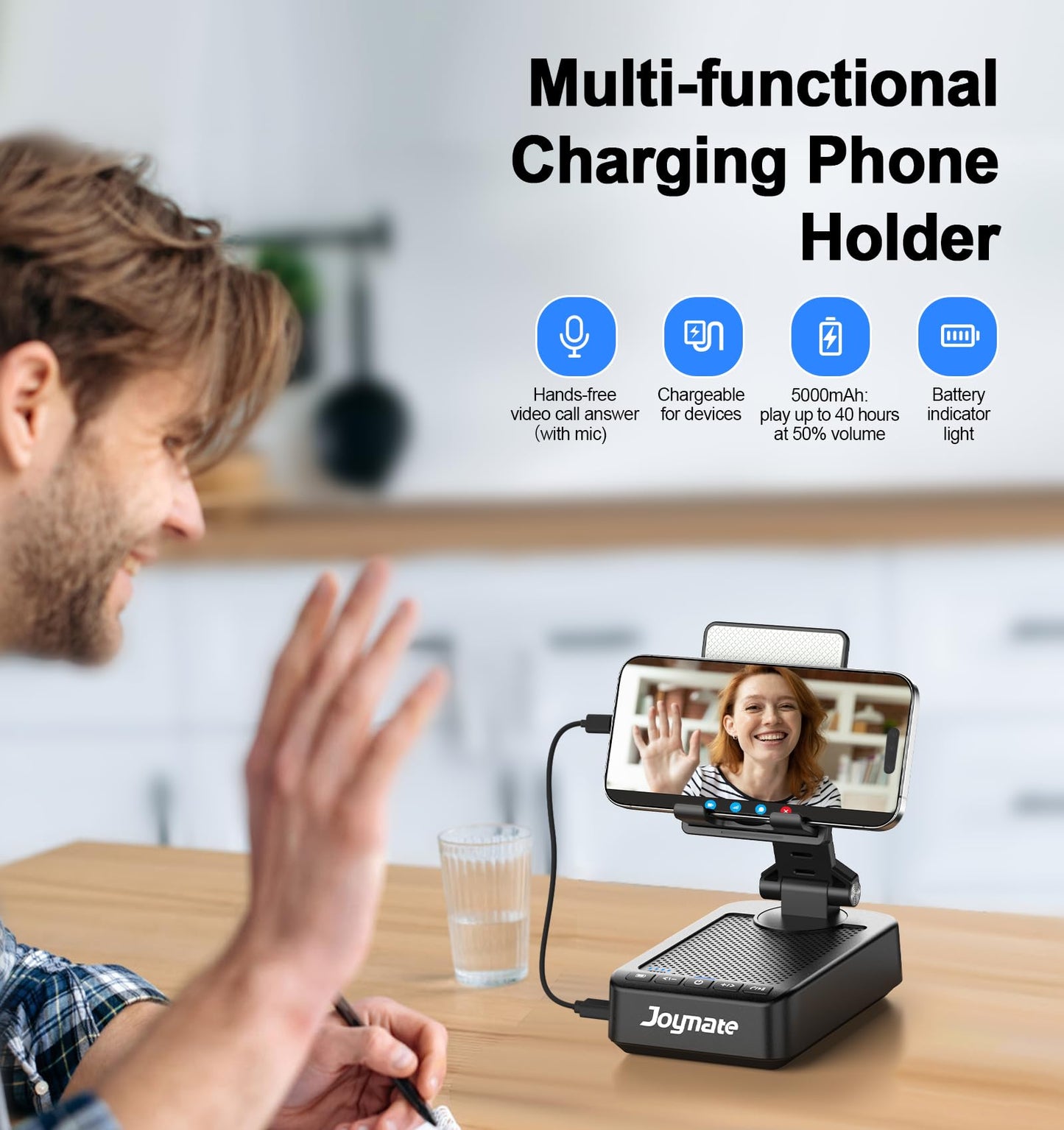 Joymate Gifts for Men Women, Phone Stand with Bluetooth Speaker and Charging Function 360° Rotable Angle Adjustable Cell Phone Holder with HD Stereo Sound Fits All Phones,Tablet (Black)