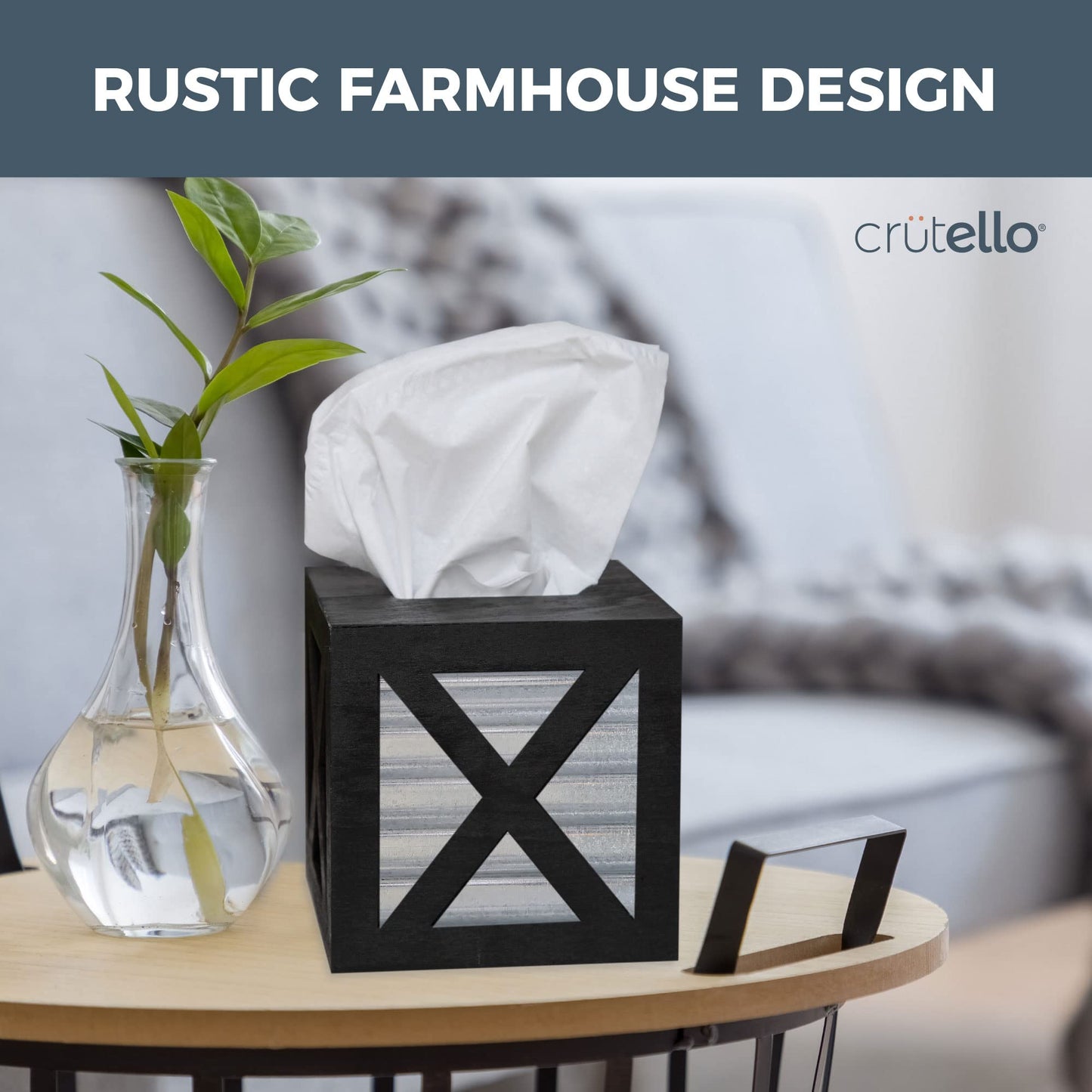 Crutello Wooden X Frame Tissue Box Cover with Galvanized Siding Backing- Rustic Farmhouse Black Wood Tissue Holder