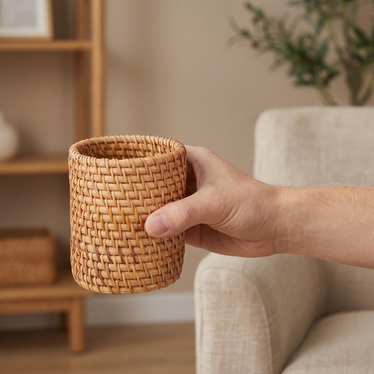 SEWACC 2pcs Rattan Pencil Holder, Handmade Wicker Pen Cups, Boho Pencil Organizer, Makeup Brush Storage for Desktop, Home Office Use