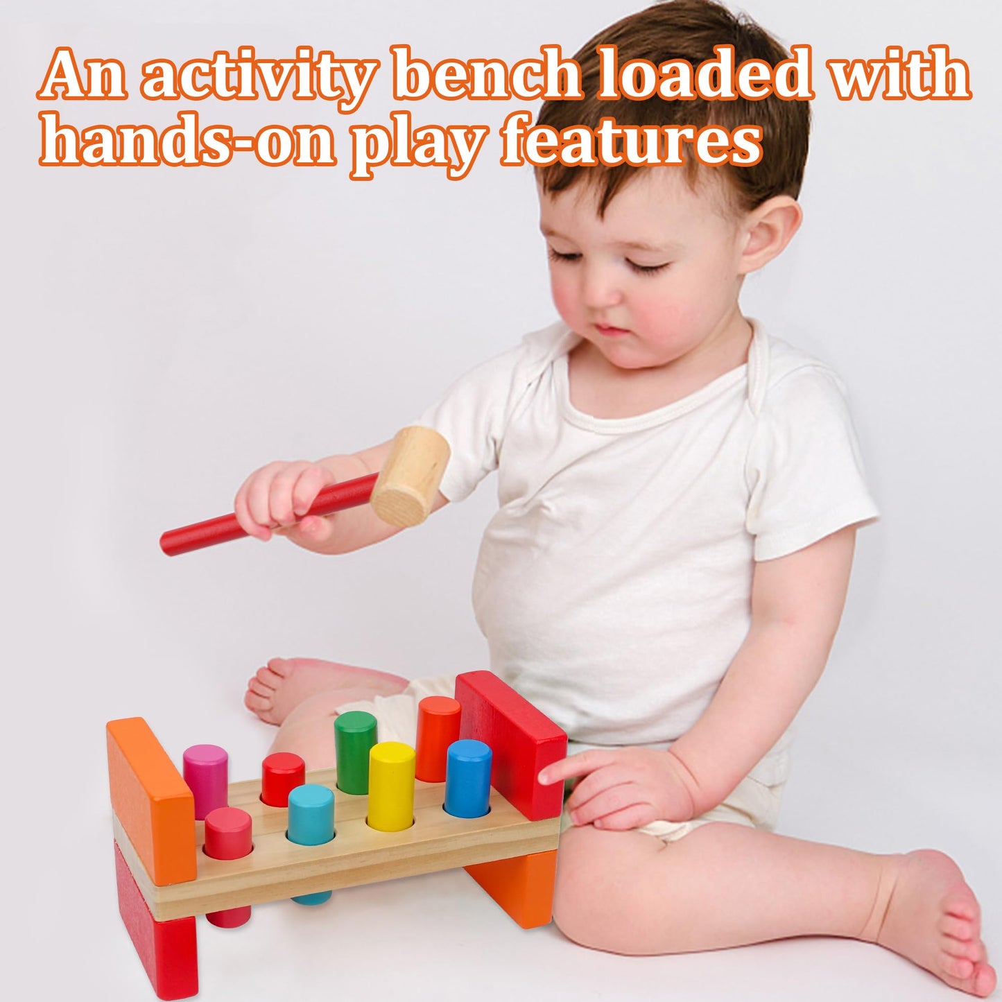 Hidoggy Wooden Hammer Toy for Toddlers 1-3, Montessori Pounding Bench Toy with 8 Pegs and Mallet for Hand-Eye Coordination, STEAM Toddler Toy