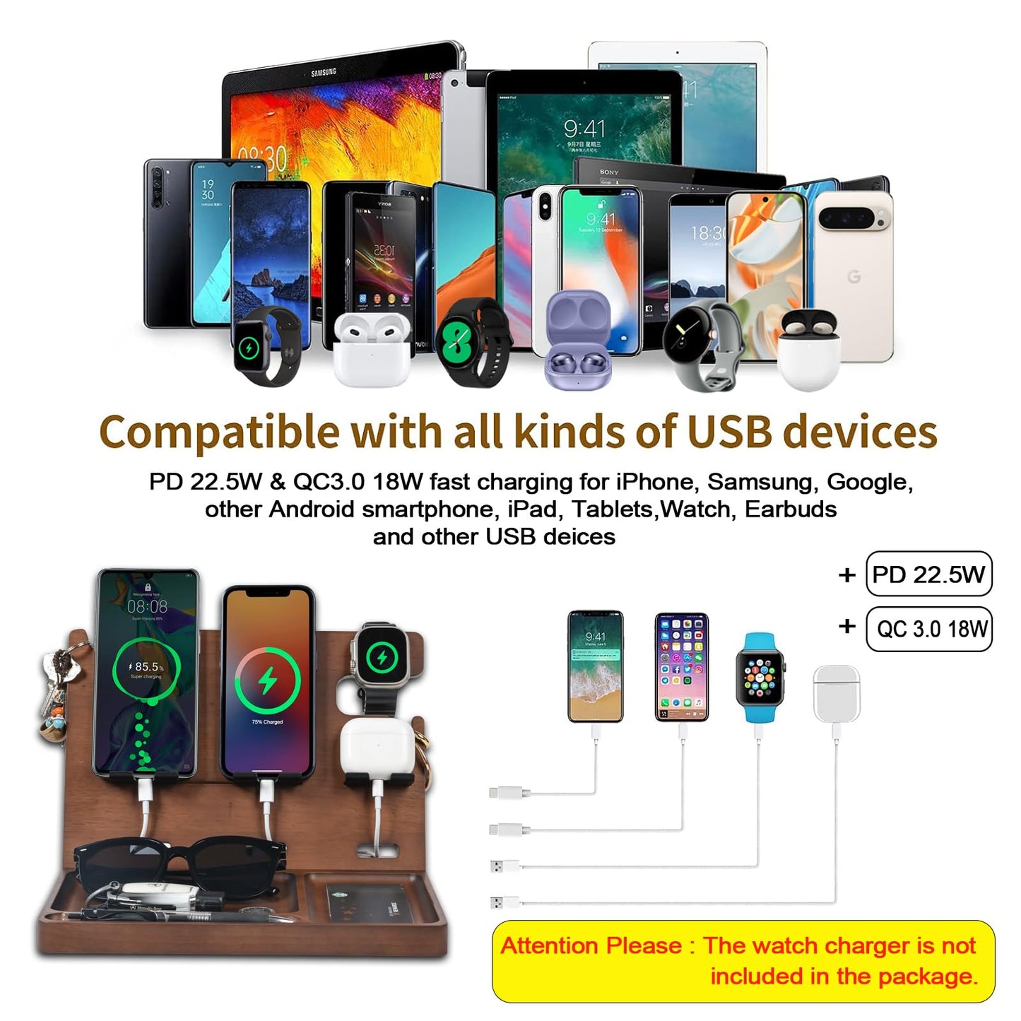 Xunhomon Wood Phone Docking Station Nightstand Organizer Charging Station with QC 3.0 & PD22.5W Fast Charger for iPhone Samsung Android Watch Airpod Anniversary Birthday Gifts for Men