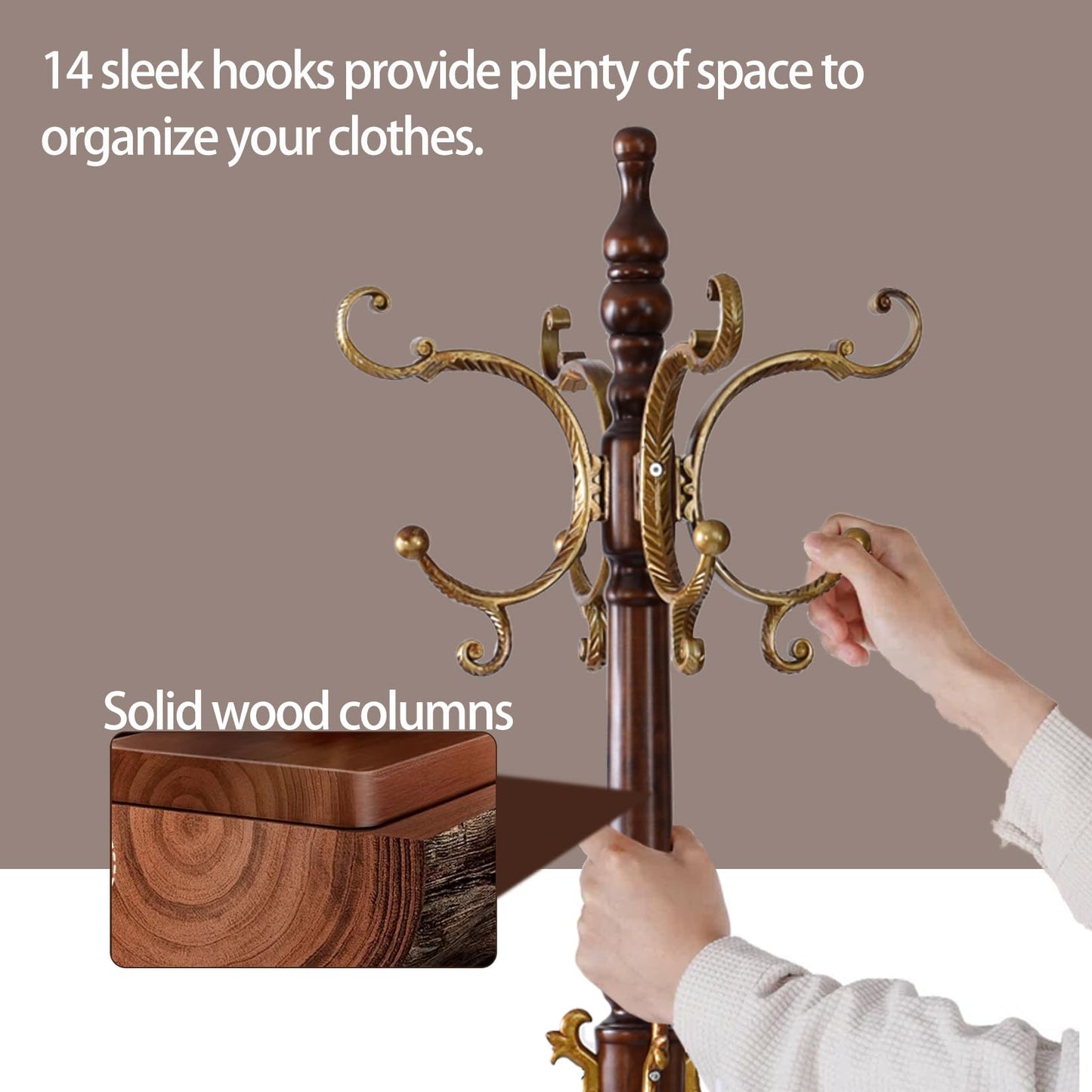 Hebtwebf Wooden Coat Racks, Retro 78" Coat Tree with 12 Hooks & Stable Triangular Base, Entryway Coat Rack Freestanding for Hat, Clothes, Scarves, Handbags, Umbrella (Vintage)