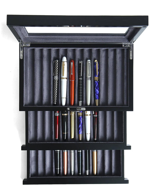 Besforu wood pen display case 36 slot Fountain pen Box storage Organizer with drawer, Top Glass Window Pen Collection Display Case