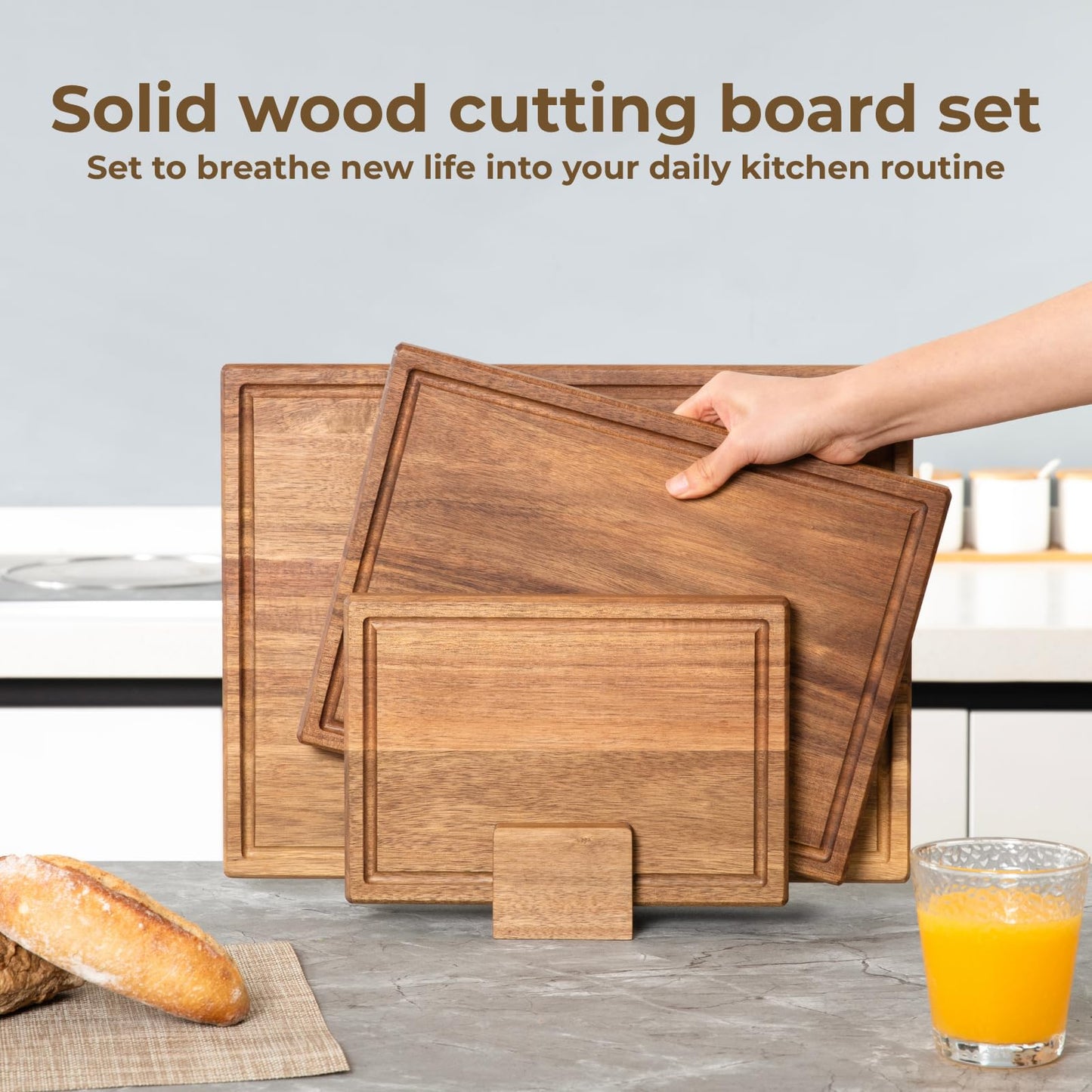 muso wood Solid Wood Cutting Board 3-Piece Set Kitchen Acacia Wood Cutting Board with Stand 0.8-inch Thick Wooden Cutting Board with Juice Groove Ideal for Chopping Vegetables and Serving Food
