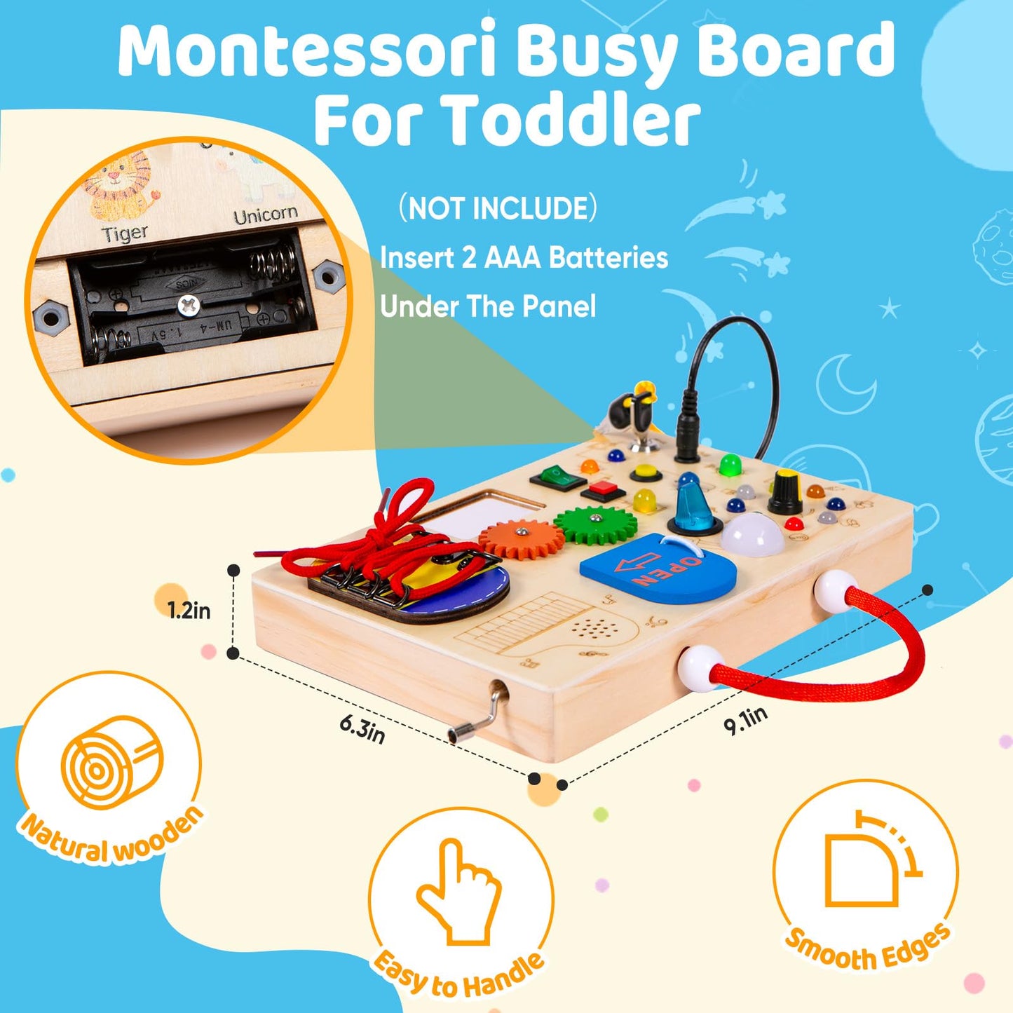 GNAYUIJ Montessori Busy Board,Wooden Sensory Board Toys for 1 2 3 Years Old,Toddlers Activity Travel Toy with LED Light Switches & Music Boxes for Boy & Girl Birthday Gift