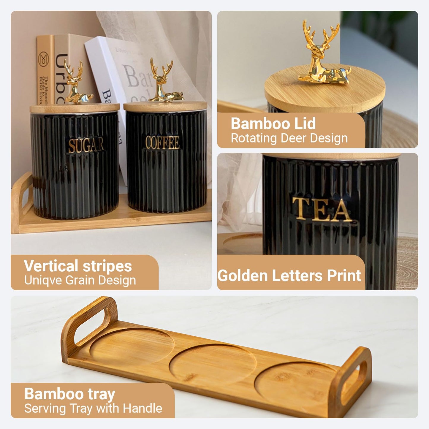 Bryasha Airtight Ceramic Canisters Set of 3 with Wooden Tray - Kitchen Counter Storage Containers for Sugar, Coffee, Tea - Food Storage Jars With wooden lid and spoon Rotating Deer (black)