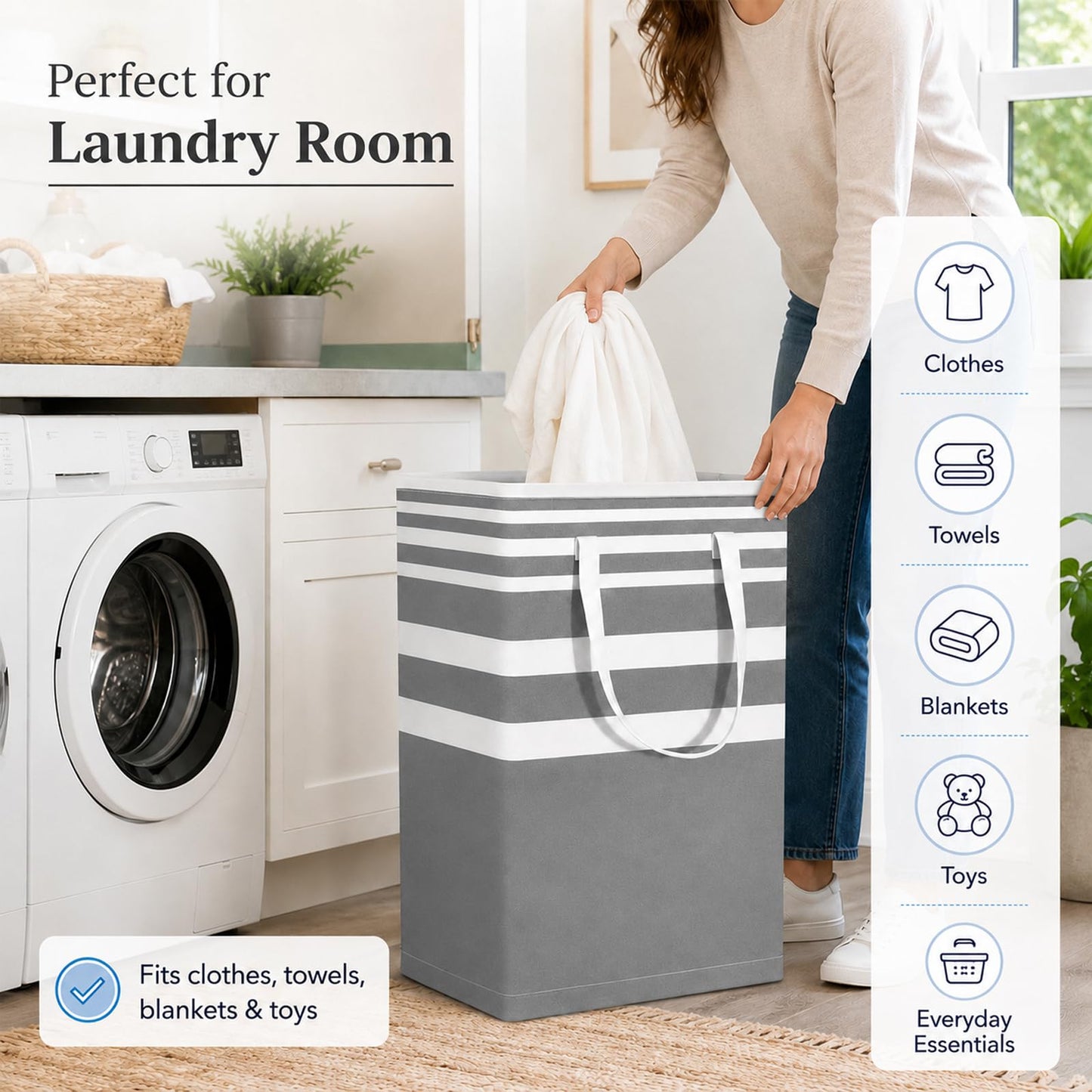 Collapsible Laundry Hamper Bag with Wooden Handles – 75L/20Gal Large Capacity, Waterproof Oxford Cloth Storage Basket, Freestanding No Wire Frame, Ideal for Dorm, Bedroom, Bathroom (Grey)