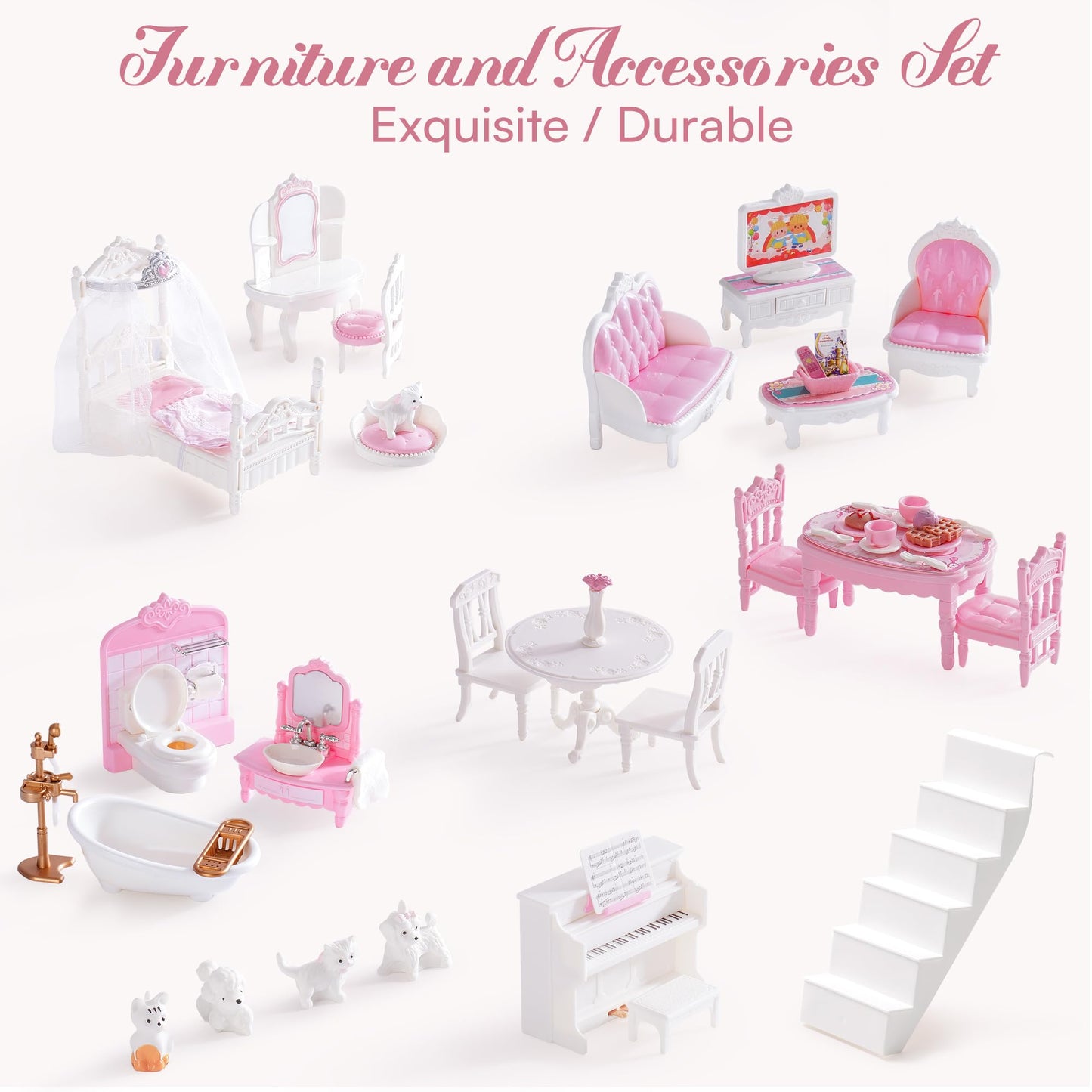 ROBUD Wooden Dollhouse, Doll House Playset with 24-pcs Exquisite Accessories, Working Elevator, Gift for Ages 3+