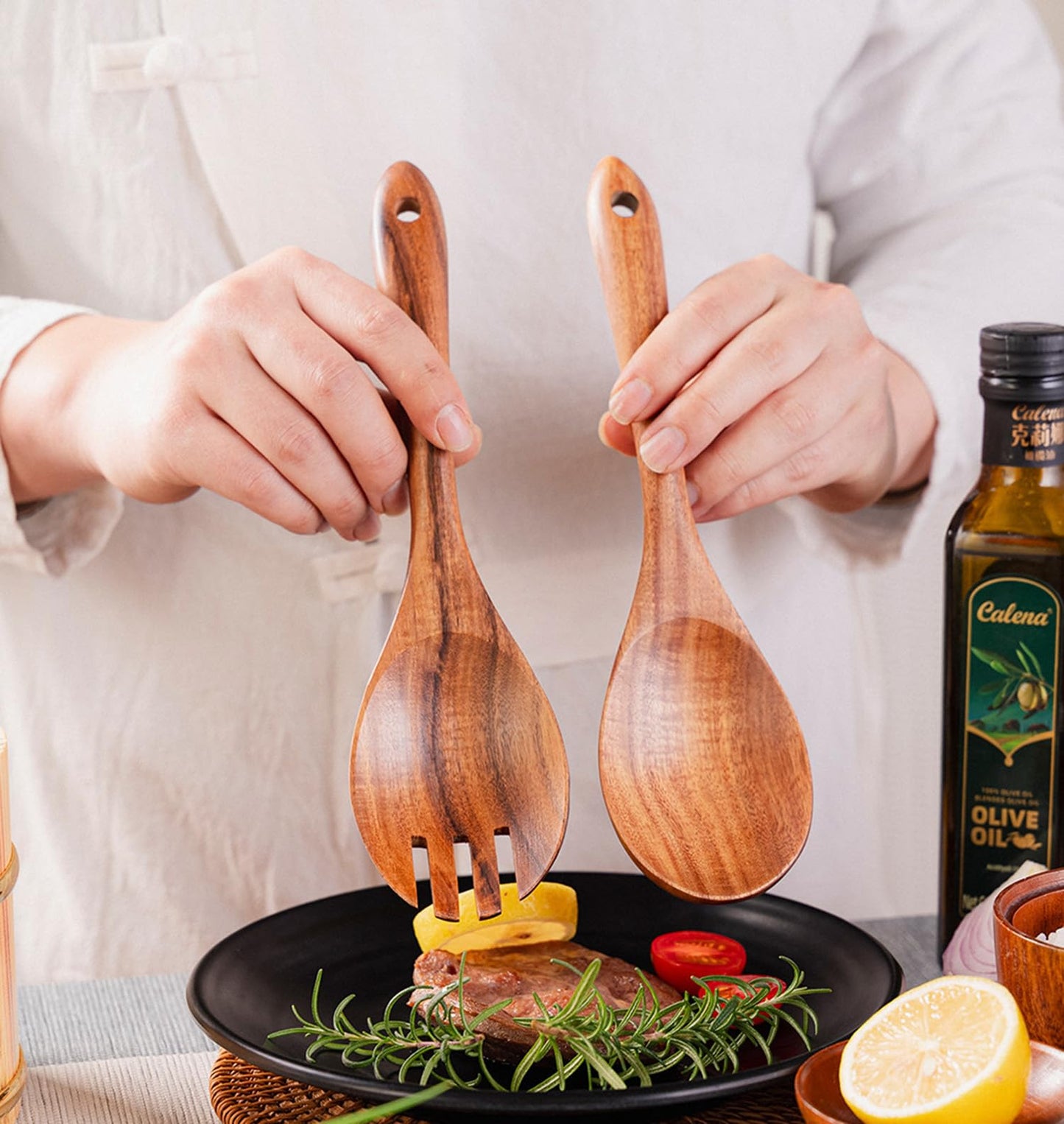 YXE Wooden Salad Bowl Set, 9.45 inch*2.75 inch Acacia Wood Large Salad Serving Bowl with Salad Spoon and fork for Mixing Fruits Cereal Pasta Salad,Pasta-(3 Piece Large Salad Bowl Set) (1, 9.45in)