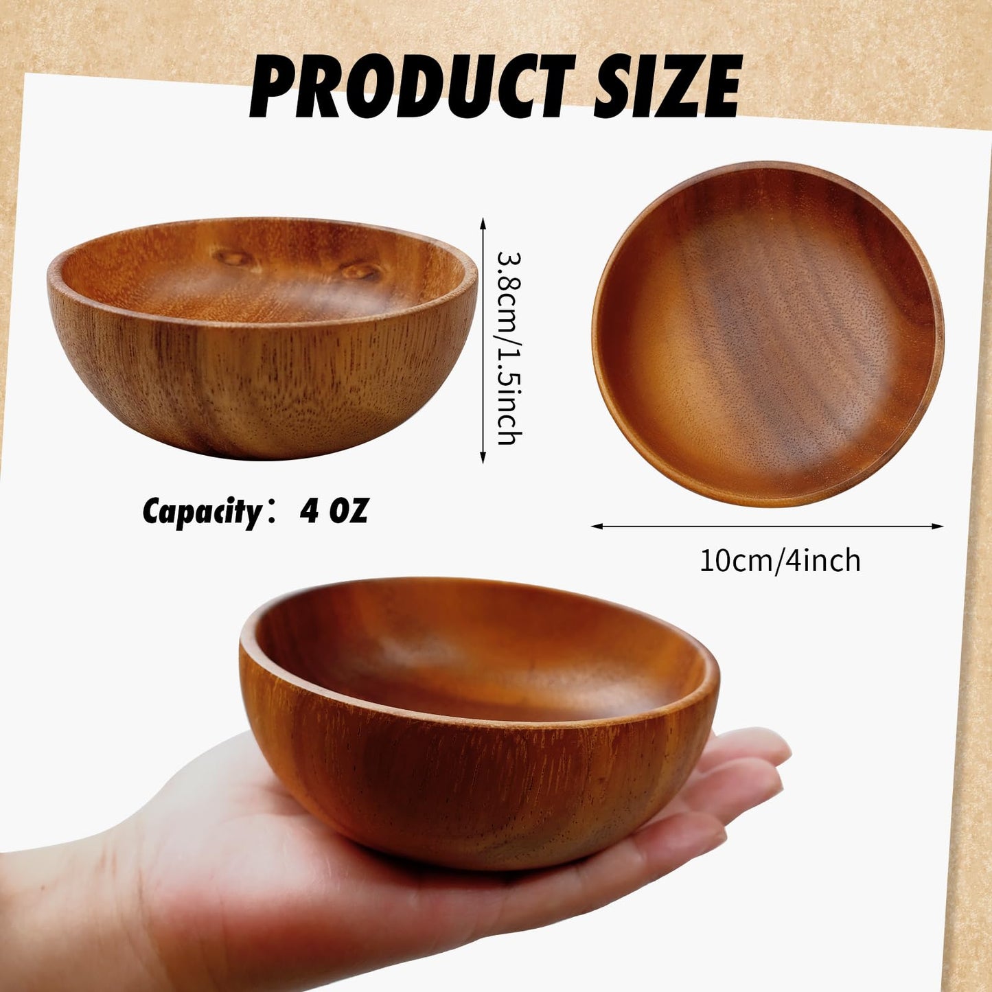 TANEMUDO 12 Pcs Acacia Wooden Bowls,Hand Carved Small Calabash Bowls, Round Wood Salad Dip Tray for Serving Popcorn, Pasta, Candy, Cereal, Coconut, Nuts, Sauce, Appetizers in Kitchen (4 Inch)