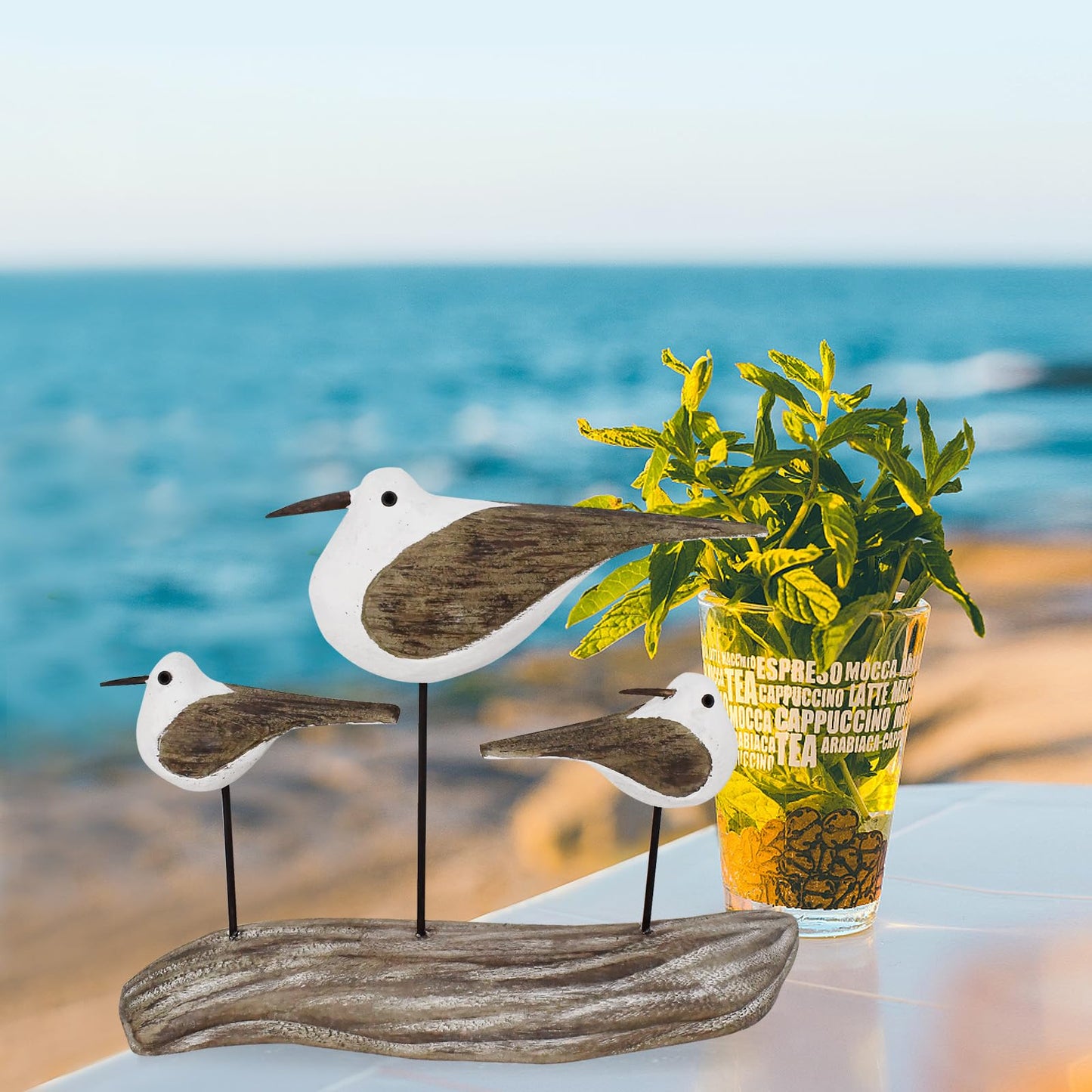 Linfevisi Wooden Seabirds Statue Seagull Decor Indoor Standing Bird Figurine Solid Wood Seagulls Decorations Nautical Coastal Beach Ocean for Home Garden Yard Table 7 Inches Tall