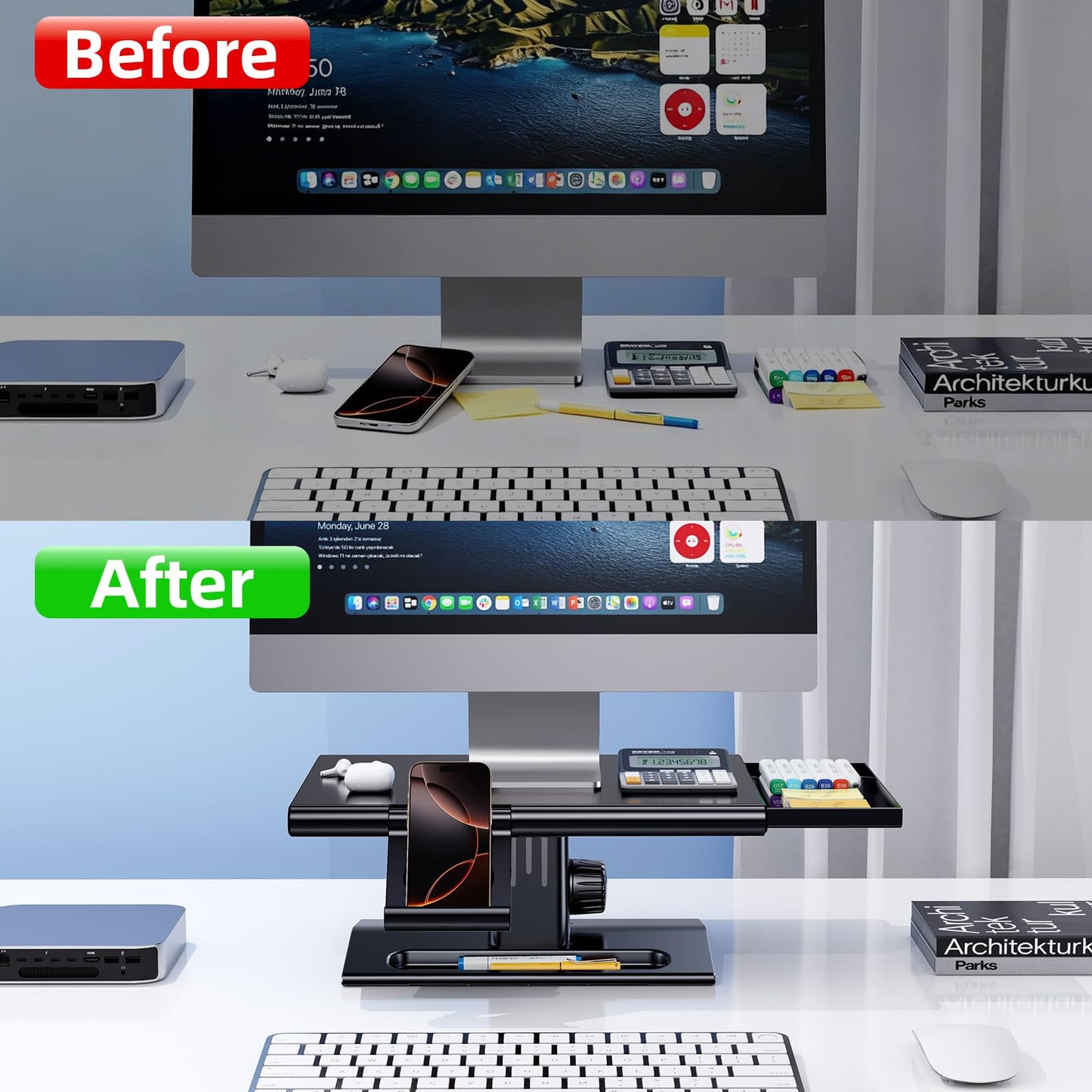 nediea Computer Monitor Stand Riser,Height Adjustable Laptop Stand with Drawer & Phone Holder,Desktop Storage Stand for Printer,Desk Organizer for Office & Home Supplies