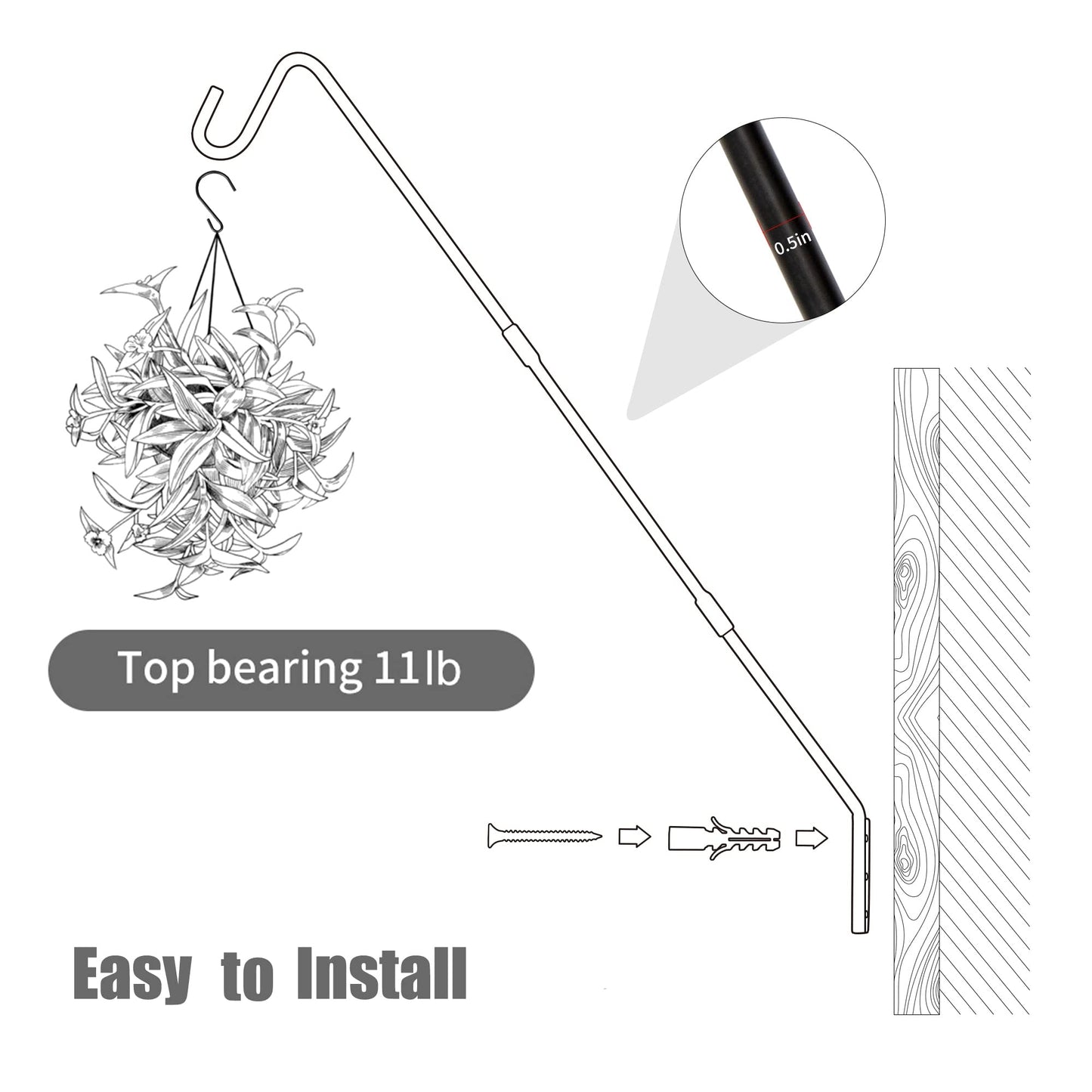 Juegoal Heavy Duty Deck Hook, 25 Inch or 36 Inch Wall Mounted Extended Reach Deck Hook Wall Pole Plant Bracket for Hanging Bird Feeder, Plants, Suet Baskets, Lanterns, Wind Chimes