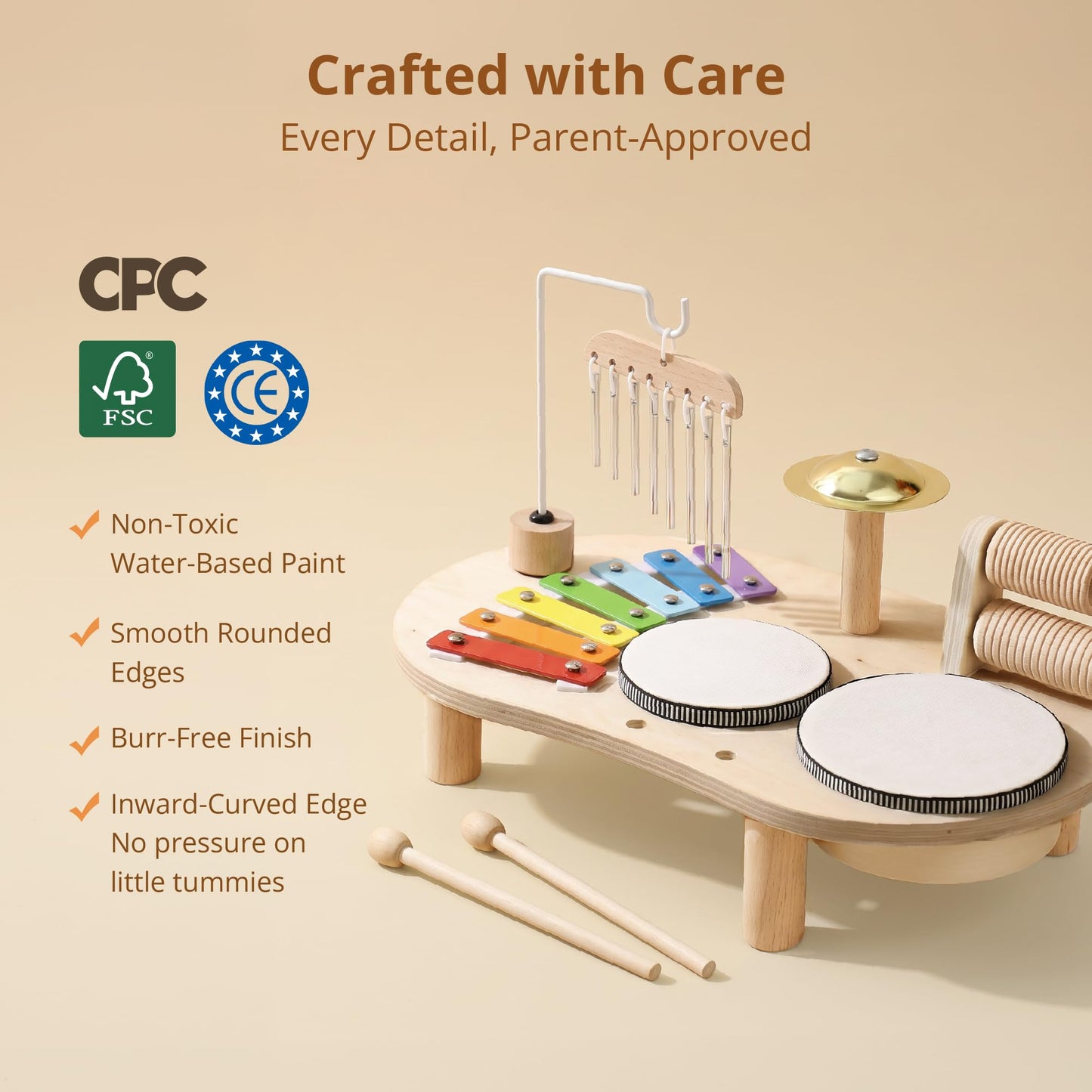 Promise Babe Wooden Drum Set for Toddlers 1-3, Musical Percussion Instruments for Kids Baby Drum Set Xylophone, Montessori Educational Musical Toys for Girls Boys Ages 3+