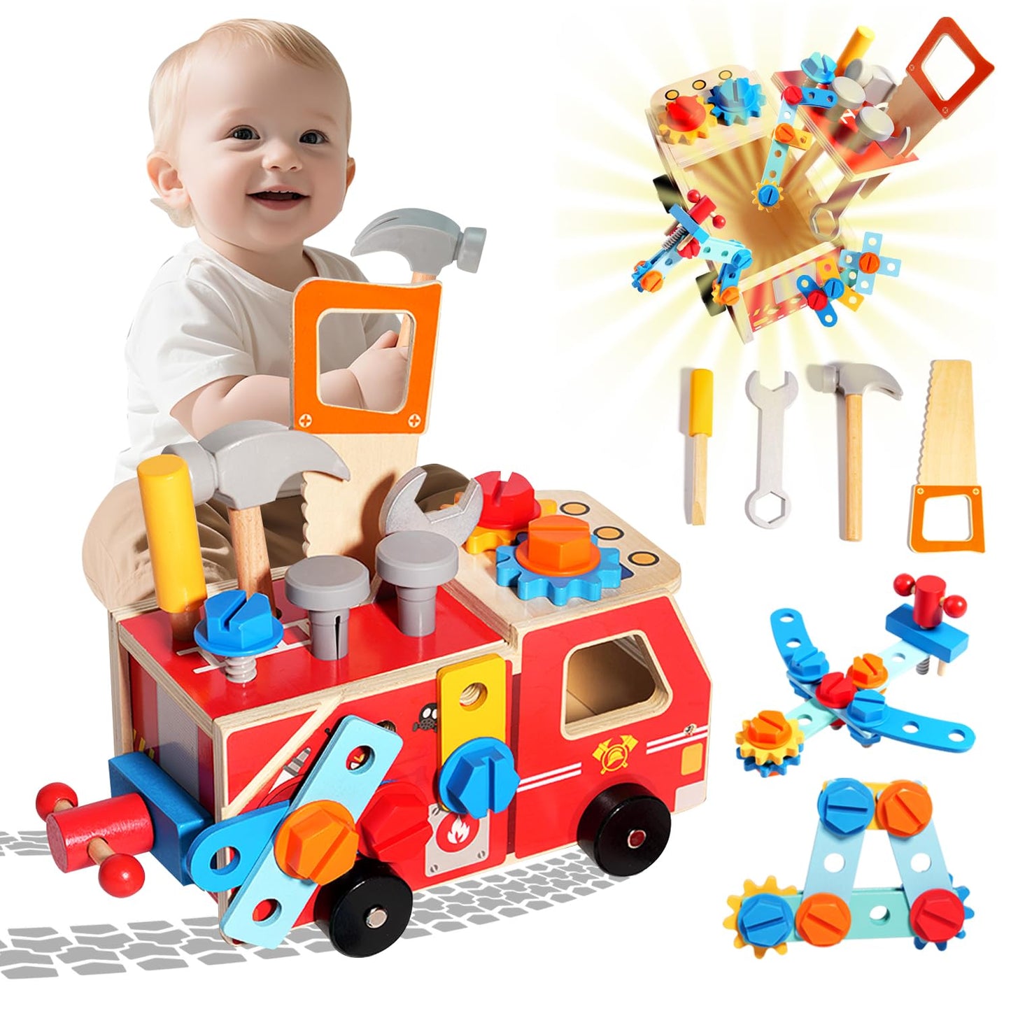 Toddler Tool Set - 33 PCS Wooden Kids Tools with Firetruck-Shaped Box / Bench, Montessori Educational Pretend Play Preschool Toys Gifts for 3 Year Old boy Girl Kids, STEM fine Motor Skills Tool Set