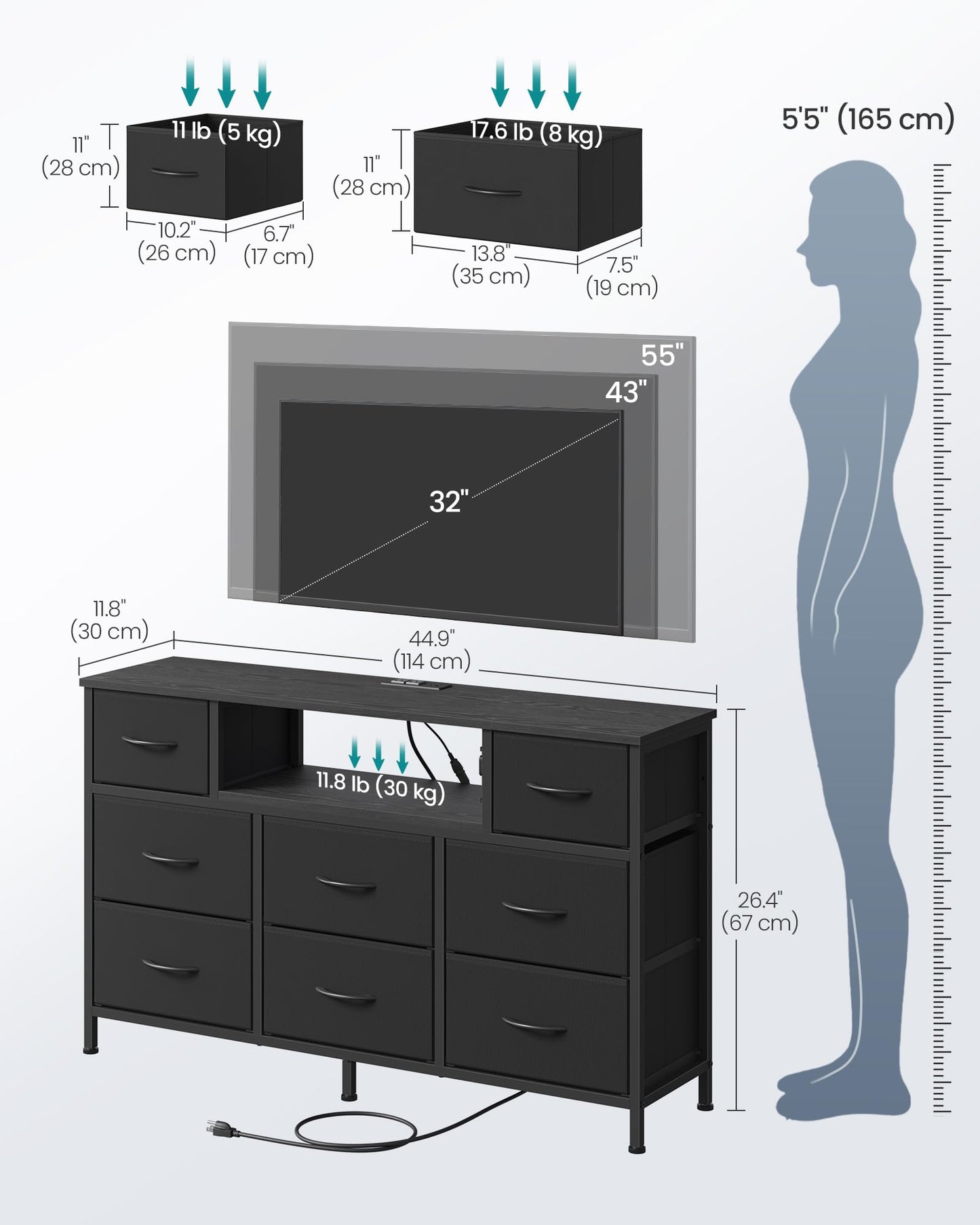 SONGMICS BELLAH Collection - Dresser for Bedroom with Outlets and LED Lights, TV Stand for TVs Up to 55 Inches, Chest of Drawers, 8 Drawers, Steel, Industrial, Modern, Ink Black ULGS433BH02S