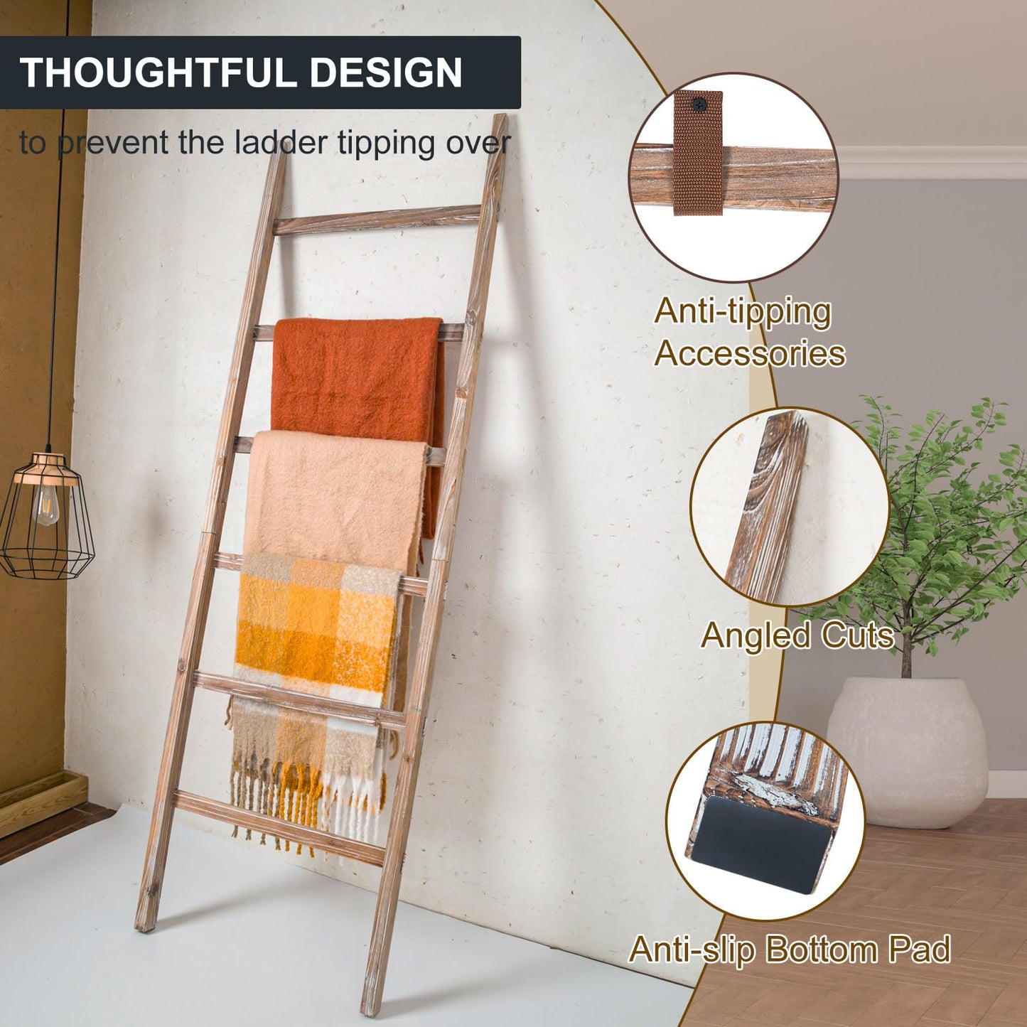 storenization Blanket Ladder 6.4FT, Wooden Blanket Ladders for the Living Room, 6-Layer Farmhouse Rustic Quilt Rack for Living Room Bathroom (24 inch Wide)