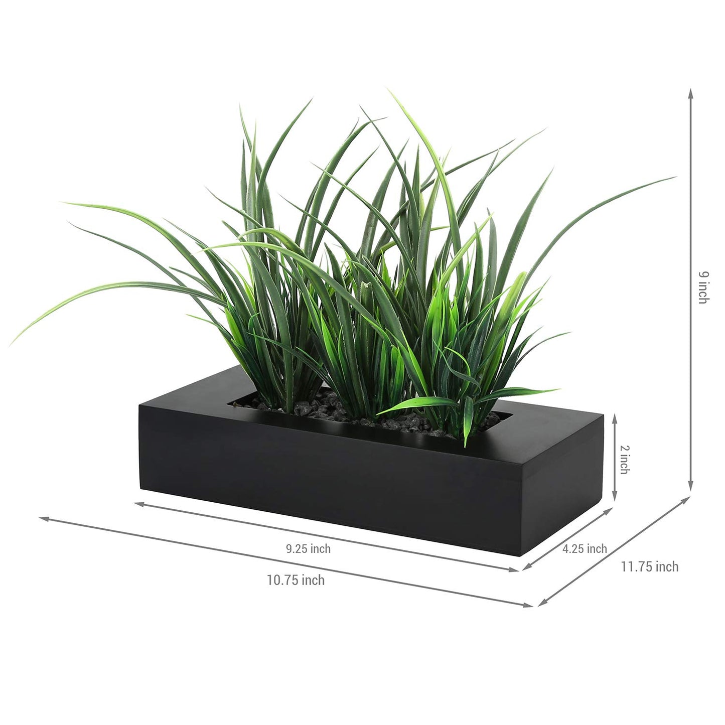 MyGift Artificial Green Grass Plants Potted in 9-inch Matte Black Wood Decorative Planter, Tabletop Faux Greenery in Wooden Rectangular Pot Centerpiece Décor