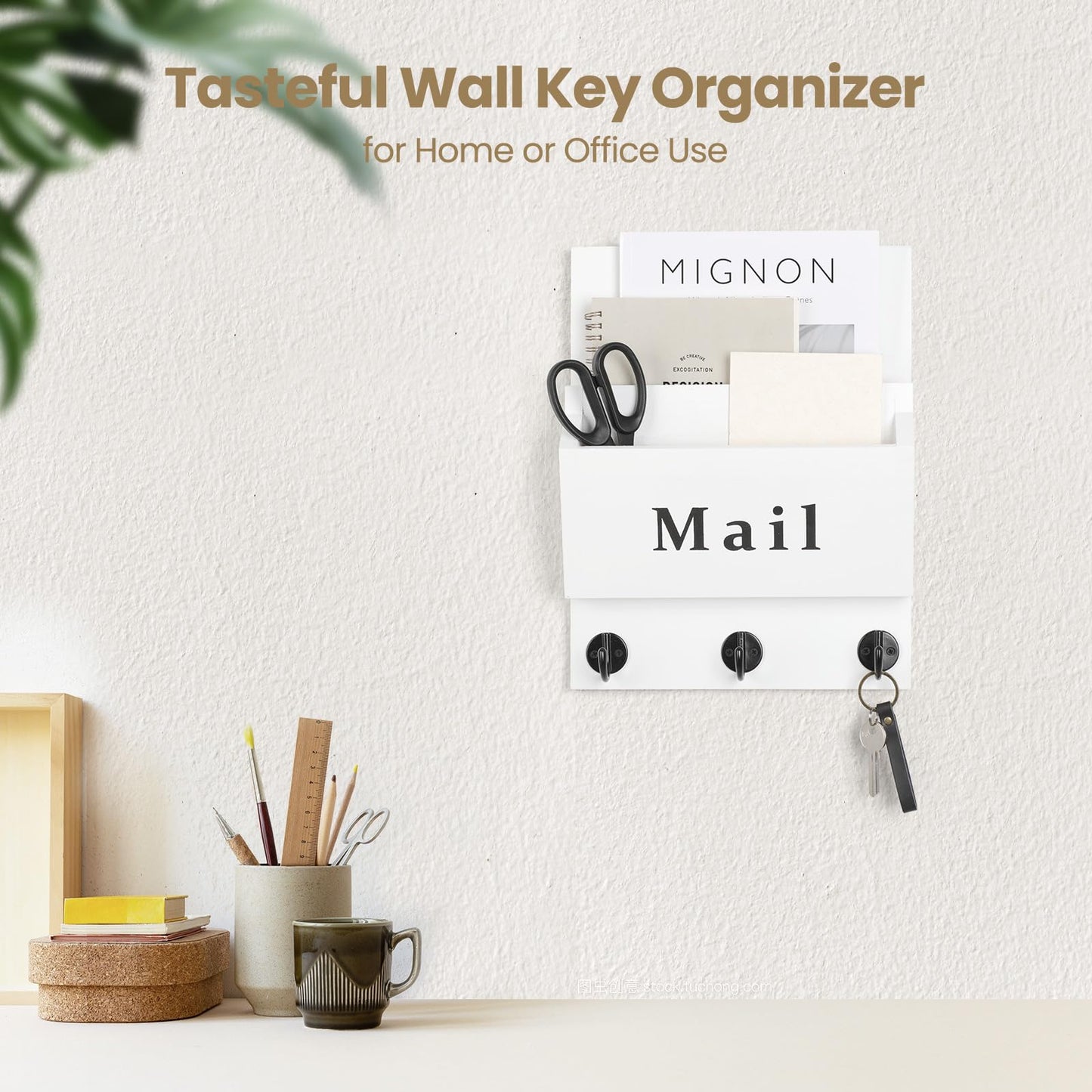 Lucundm Mail and Key Holder - Decorative 8.86" x 11.42" Wall Key Hanger with 2 Mail Organizer Slots and 3 Hooks - Real Paulownia Wood with Keyhole Brackets, Hardware and Instructions (White)