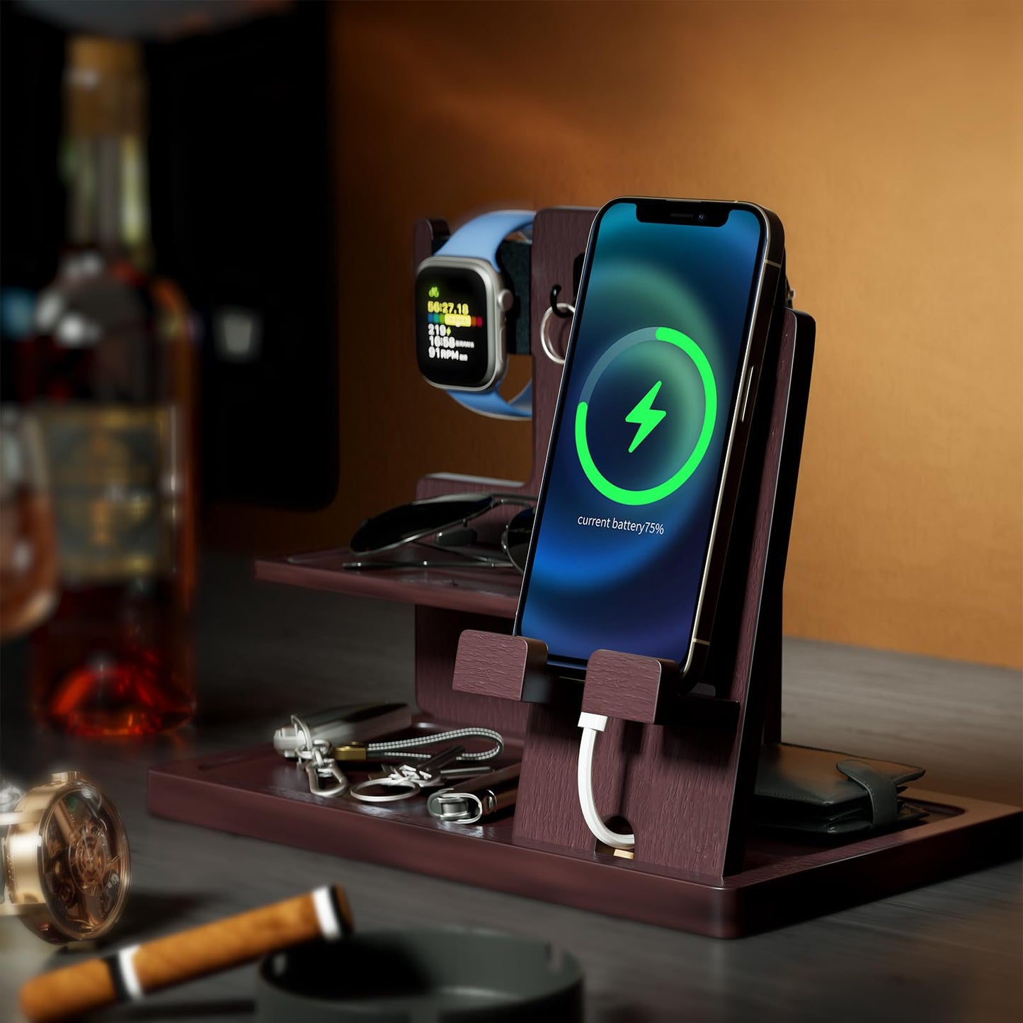 ProCase Gifts for Dad, Wood Phone Docking Station for Men, Dad Gifts From Daughter Son, Mens Nightstand Organizer, Anniversary Birthday Gifts for Dad Father Husband Him -Espresso (Engraved Word)