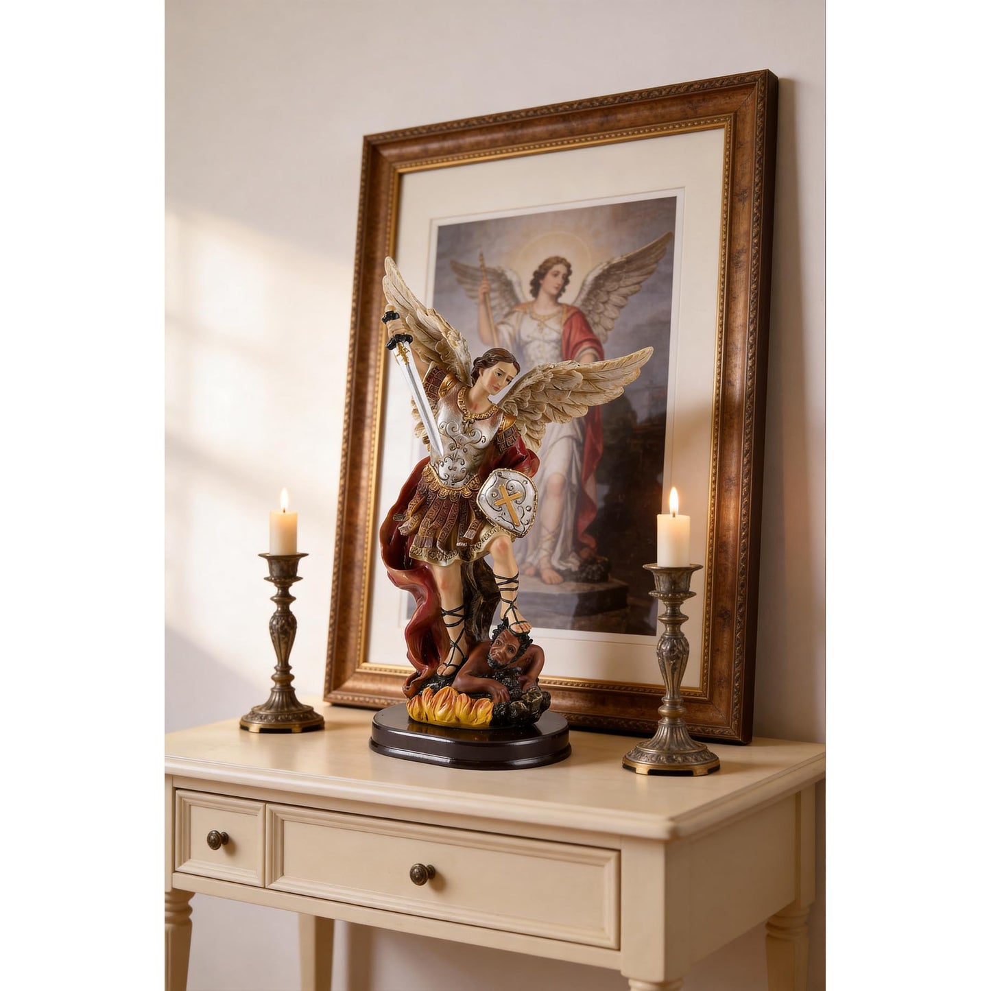 ASTARIKO Catholic St. Michael the Archangel Statue - 11.2” H Hand-Painted Resin Figurine on Premium Wooden Base, Saint Michael Defeating Satan Religious Gifts for Home Decor