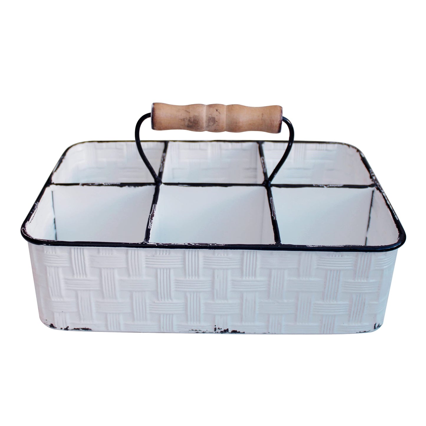 CVHOMEDECO. Rustic Distressed Metal Table Caddy, Bottles holder, Tabletop Organizer, Enamel Finish with Wood handle and 6 Compartments, White