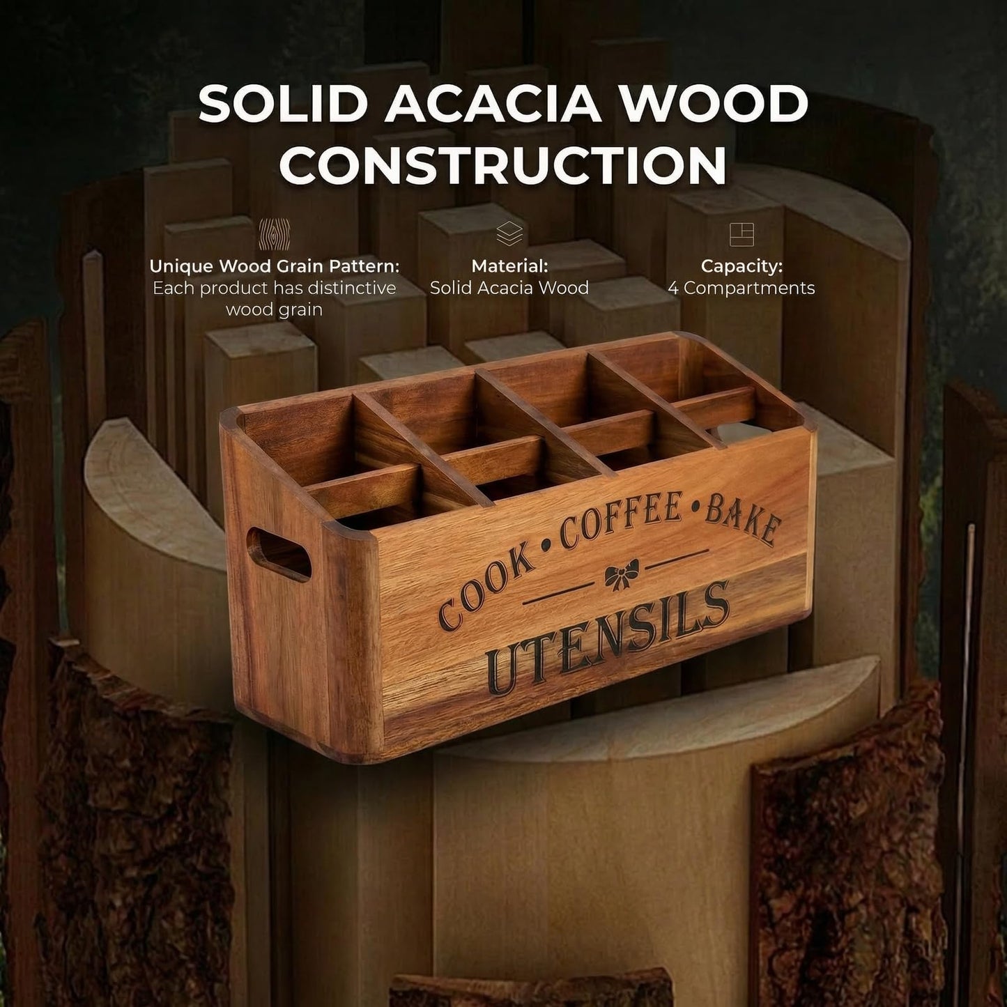 YanKiTour Wooden Kitchen Utensil Holder, Acacia Wood, Extra Large, 4-Compartment, Countertop Organizer, Wall Mount Option, Cooking Utensil Caddy, Ventilation Holes & Non-Slip Pads (4 Compartments)
