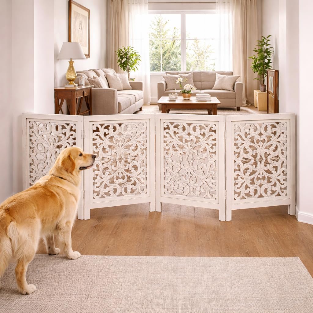 Free Standing Dog Gate – 4 Panel Foldable Wooden pet gate Indoor 72" W x 24" H, Hand-Carved Solid Wood & MDF, Portable Indoor Gate for Doorways, Halls, Stairs – Fully Assembled, Antique White