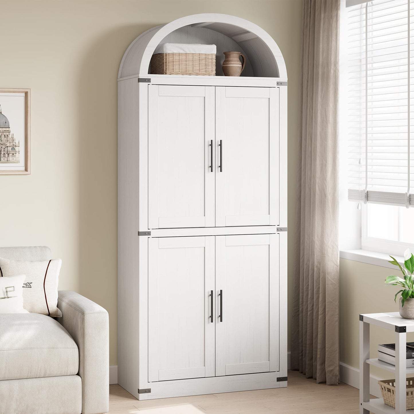 IDEALHOUSE 71.6" Kitchen Pantry Cabinet, 5-Tier Arched Display Cabine with Doors, Bookshelf, Arched Bookcase, Modern Fluted Wooden Storage Organizer Cabinet for Living Room, Dining Room,Kitchen,White