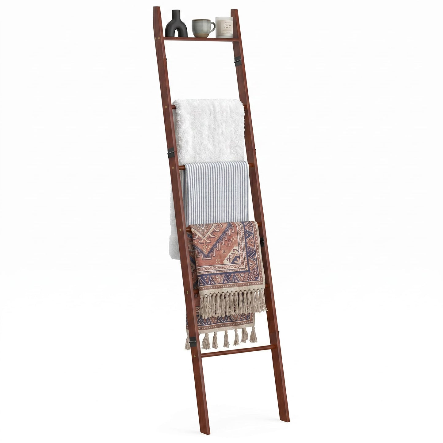 Plusinthebox 6 Tier Brown Blanket Ladder with Shelf, Wooden Blanket Rack for Living Room, Leaning Towel Ladder Rack for Bedroom, Bathroom, Quilts, Throws, Towels and Farmhouse Décor
