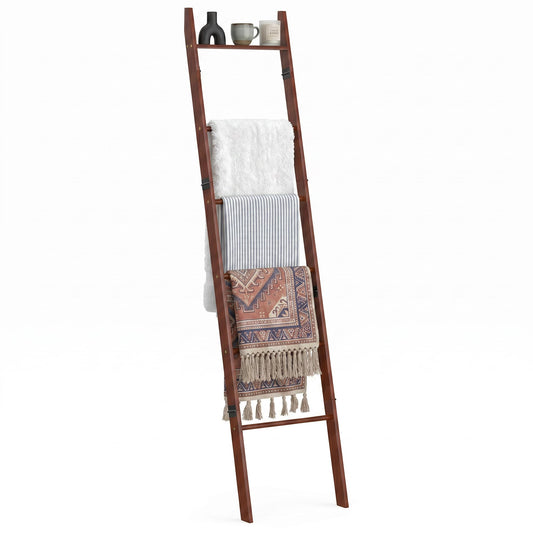 Plusinthebox 6 Tier Brown Blanket Ladder with Shelf, Wooden Blanket Rack for Living Room, Leaning Towel Ladder Rack for Bedroom, Bathroom, Quilts, Throws, Towels and Farmhouse Décor