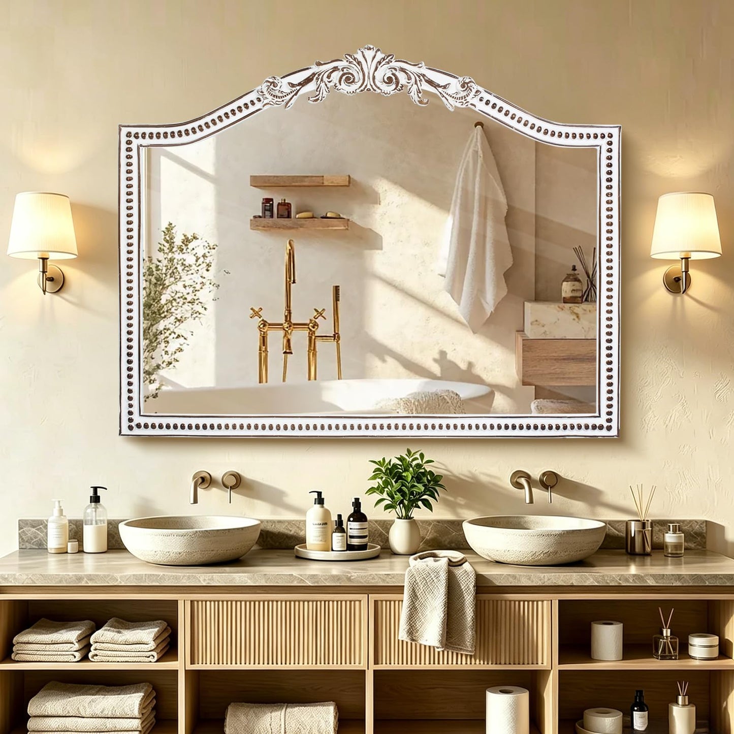 HOITUZYUS 32x42 Inch Ornate Arched Wooden Wall Mirror, Rustic Farmhouse Decorative Mirror for Fireplace, Living Room, Bedroom, Entryway, Bathroom Over Sink