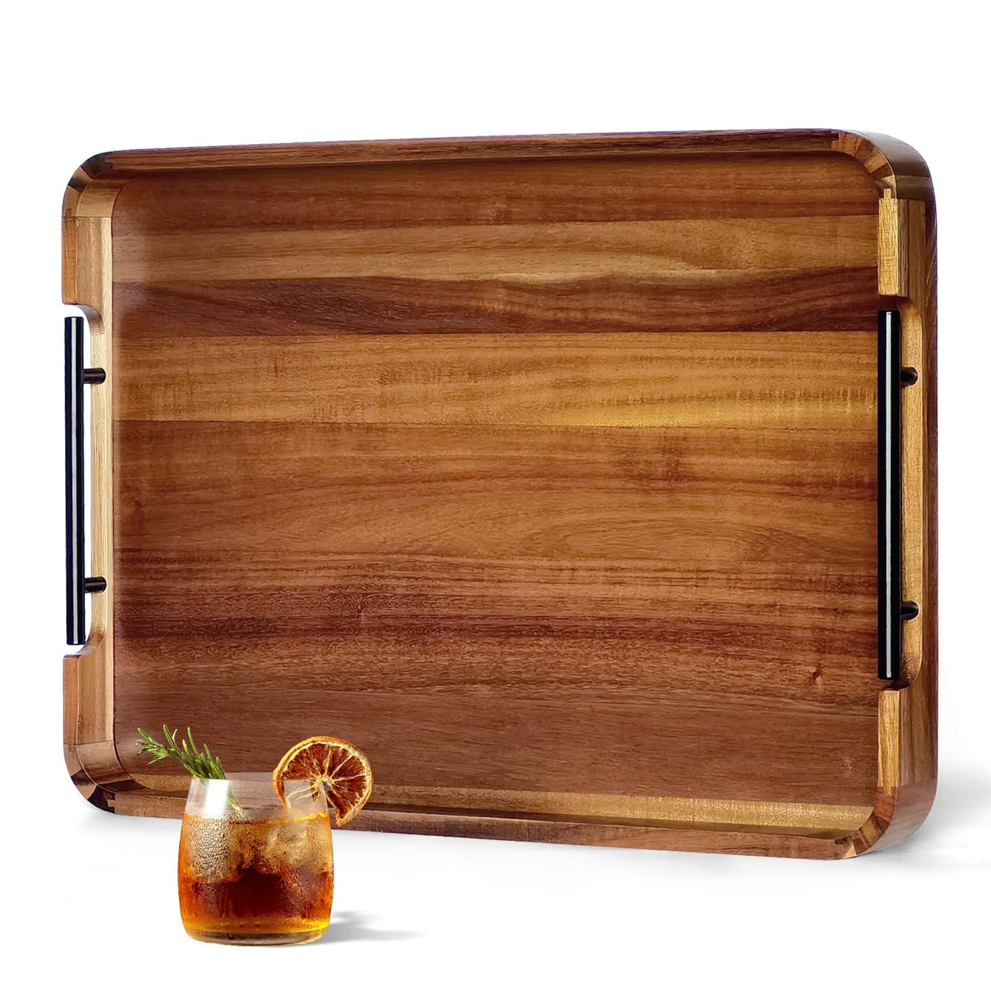 OurMiao 22 x 15.7 Inches Acacia Wood Serving Tray with Metal Handles, Large Rectangular Ottoman Tray with Rounded Corner, Great for Living Room, Coffee Table, Kitchen, Serving Food & Hosting