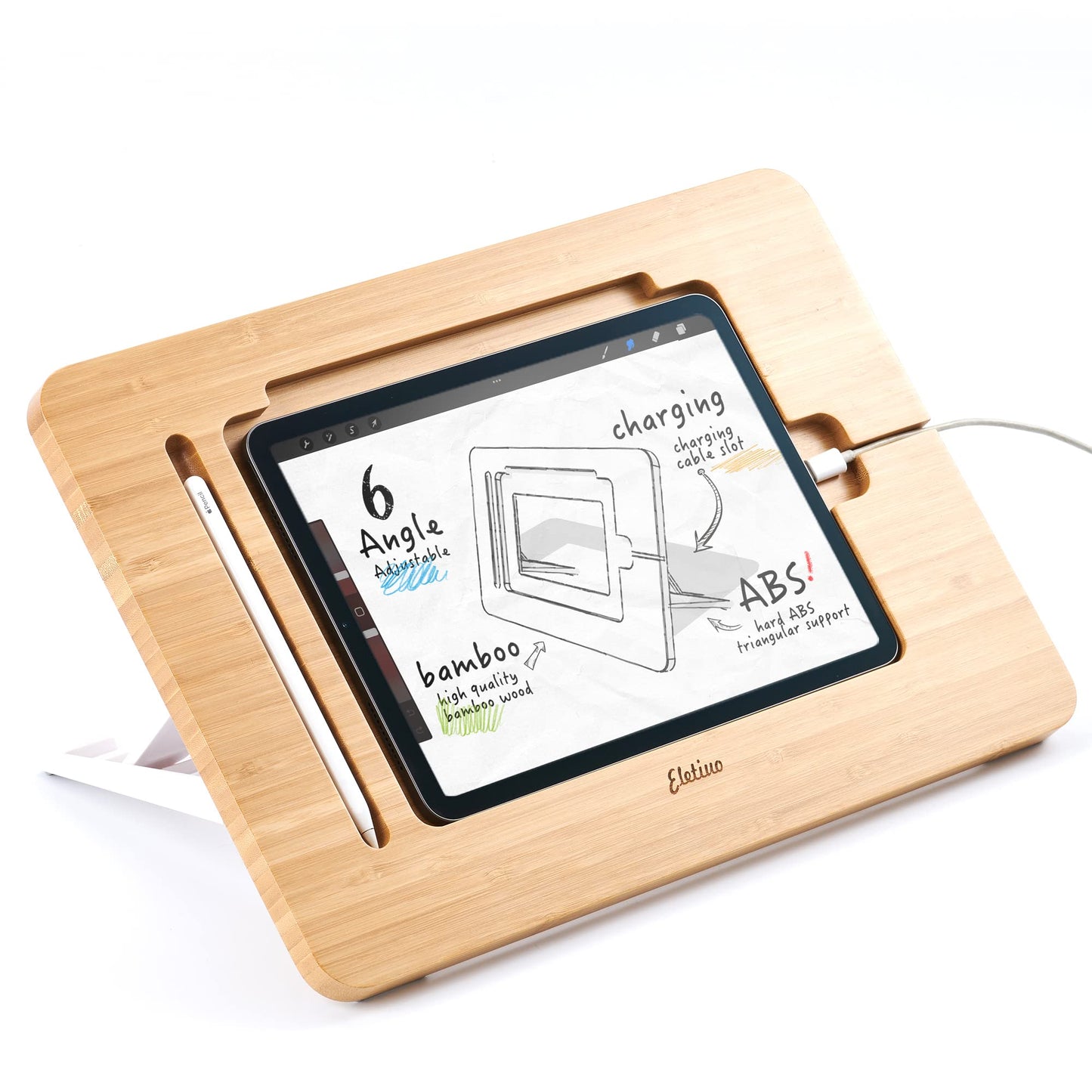 ELETIUO Adjustable Tablet Stand with Pencil&Charger Cable Slot,Bamboo Wooden Stand with Multiple Angles,Organizer Desktop Holder for Drawing,Compatible with ipads(Support to 9.7-11" Devices)
