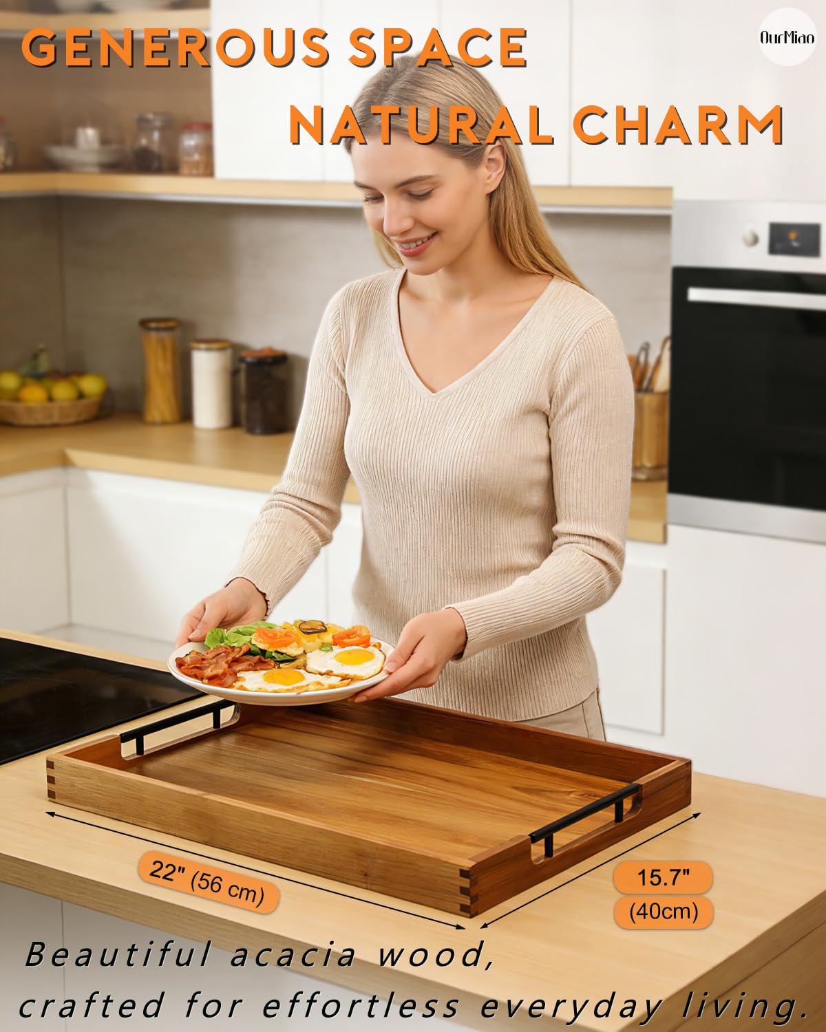 OurMiao 22" x 15.75" Acacia Wood Serving Tray with Black Metal Handles, Large Rectangular Wooden Ottoman Tray for Living Room, Coffee Table, Kitchen & Entertaining