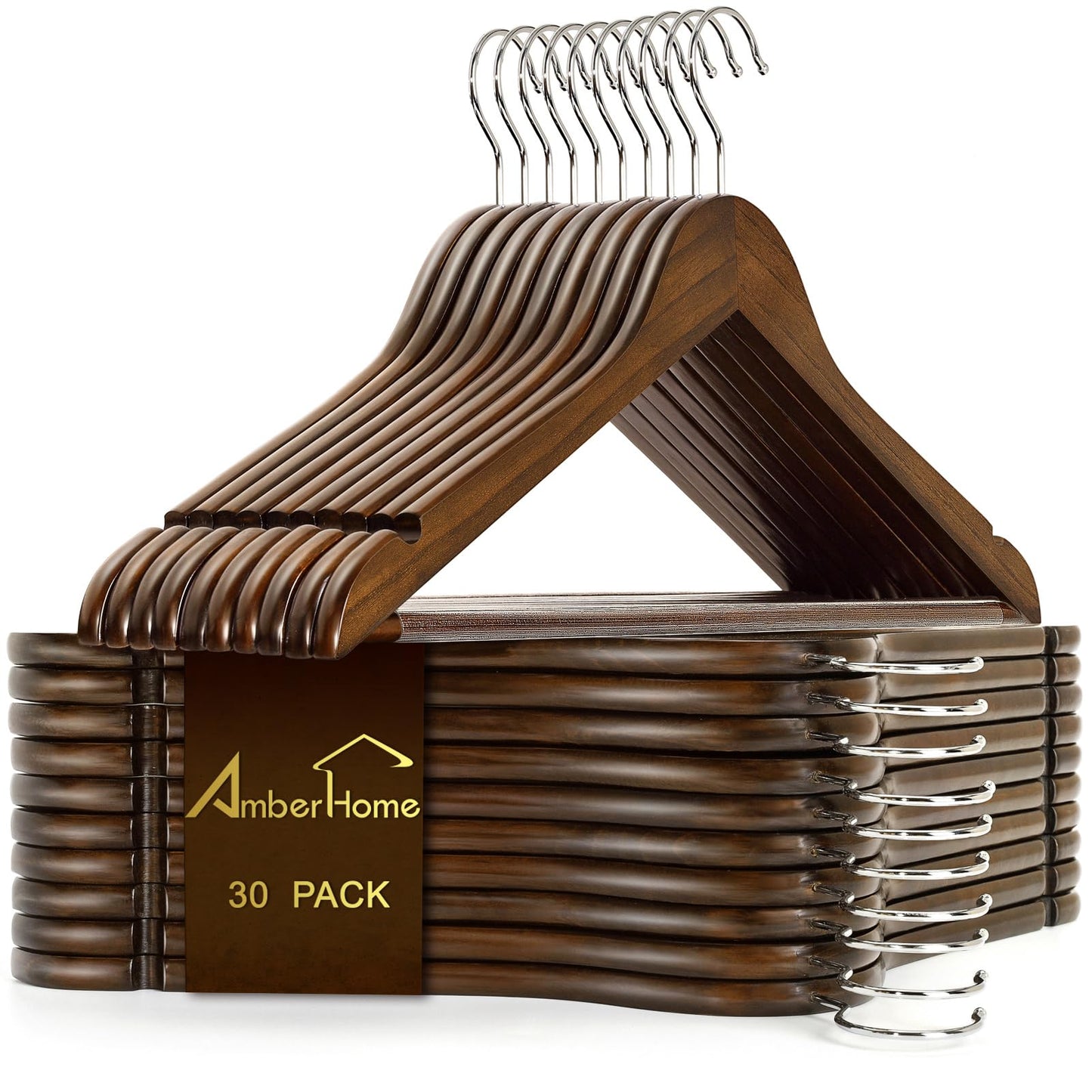 Amber Home 30 Pack Retro Wooden Coat Hangers, Vintage Wood Suit Hangers with Non-Slip Pant Bar, Clothes Hangers for Closet Organization, Shirts, Jackets, Dresses, and Pants (Retro, 30)