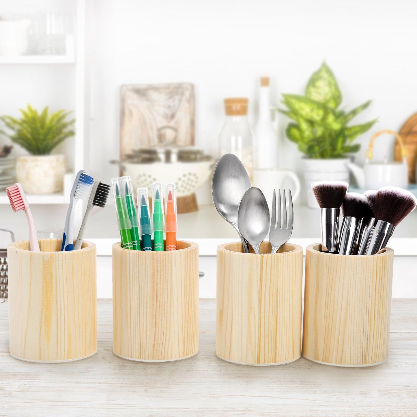 Yopay 12 Pack Wood Pen Holder, 4 Inch Round Pencil Holder, Unfinished Wooden Vase, Desk Organizer Cups for Makeup Brush, Homemade DIY Crafts, Home School Office Supplies, Wedding Centerpieces Decor
