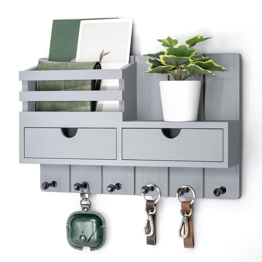 Rebee Vision Decorative Key Holder Wall Mount for Aesthetic Room Decor - Stylish Mail Holder for Wall with 2 Drawer Organizer and 6 Key Hooks - Modern Apartment Essentials (Gray)