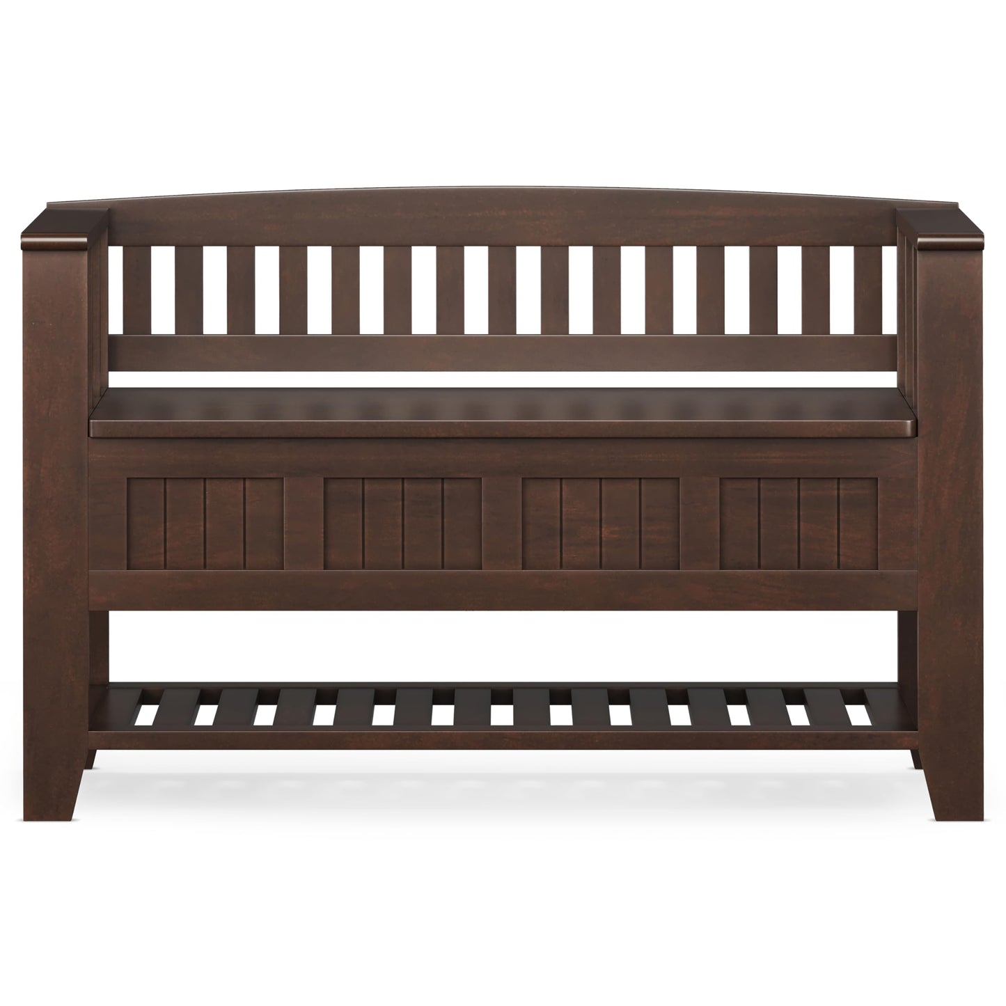 SIMPLIHOME Acadian Entryway Storage Bench - 48 inch Wide Solid Wood Hallway Seat with Shelf in Brunette Brown, Transitional Bench for Entryway or Living Room with Open Storage and Slatted Bottom