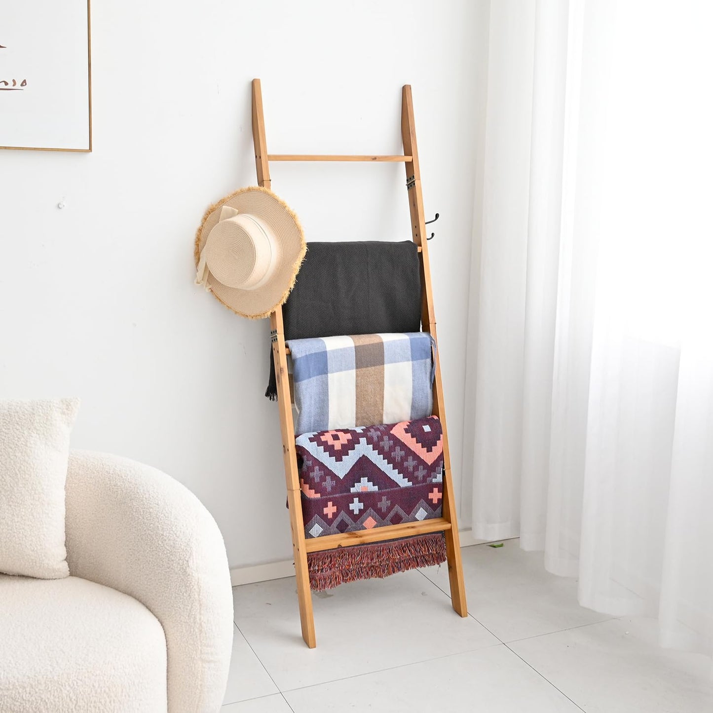 FUIN 58in Blanket Ladder, Wood Towel Ladder, Rustic Decorative Ladder for Blankets, Farmhouse Wooden Quilt Rack for Living Room & Bathroom